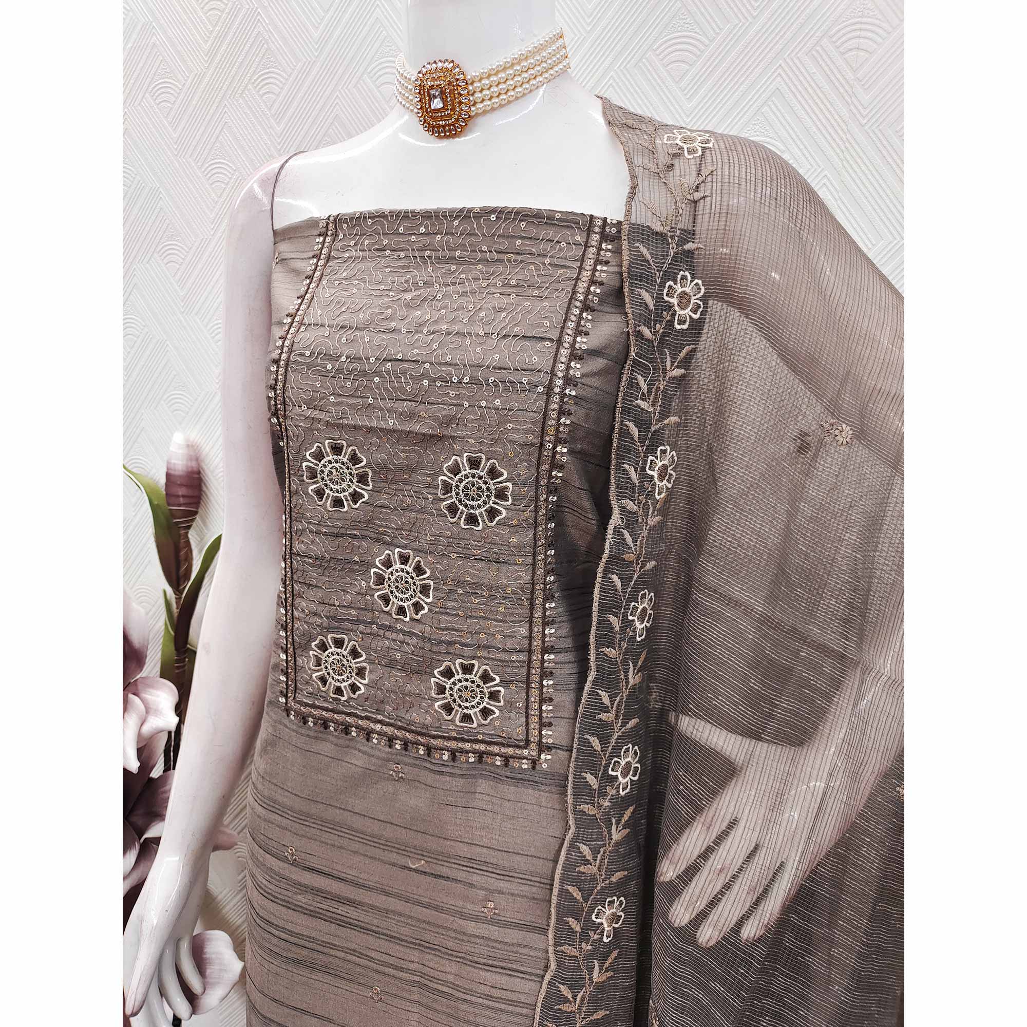 Taupe Elegance In Cotton Blend Dress Material With Floral Thread & Sequin Work