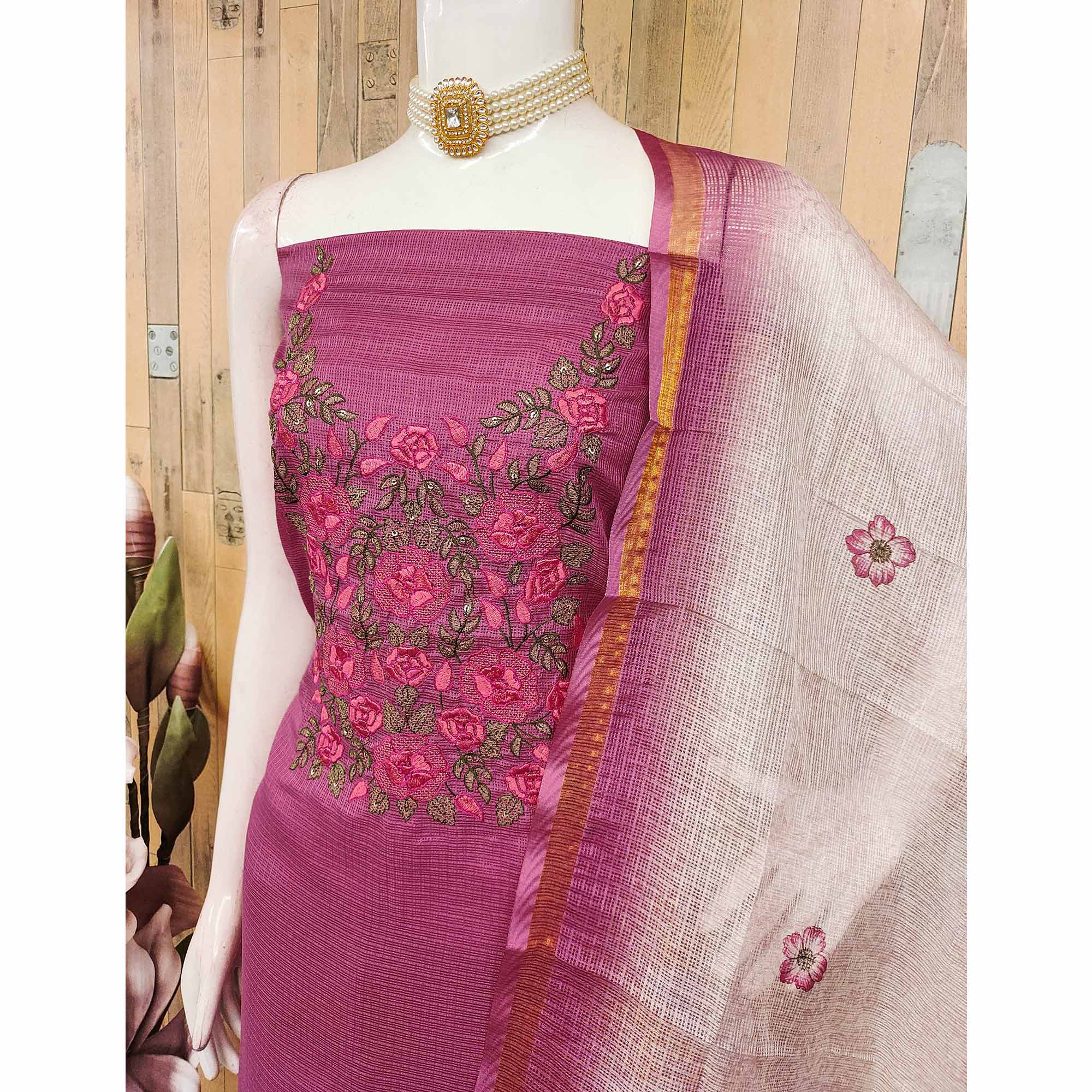 Magenta Kota Doria Dress Material Adorned With Delicate Floral Sequins Embroidery Work