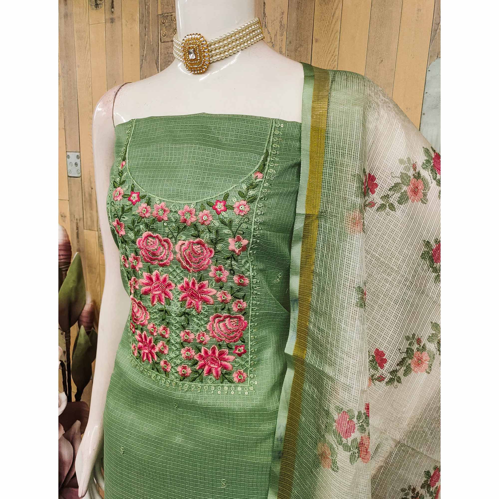Green Kota Doria Dress Material Featuring Elegant Floral Design With Sparkling Sequins Embroidery