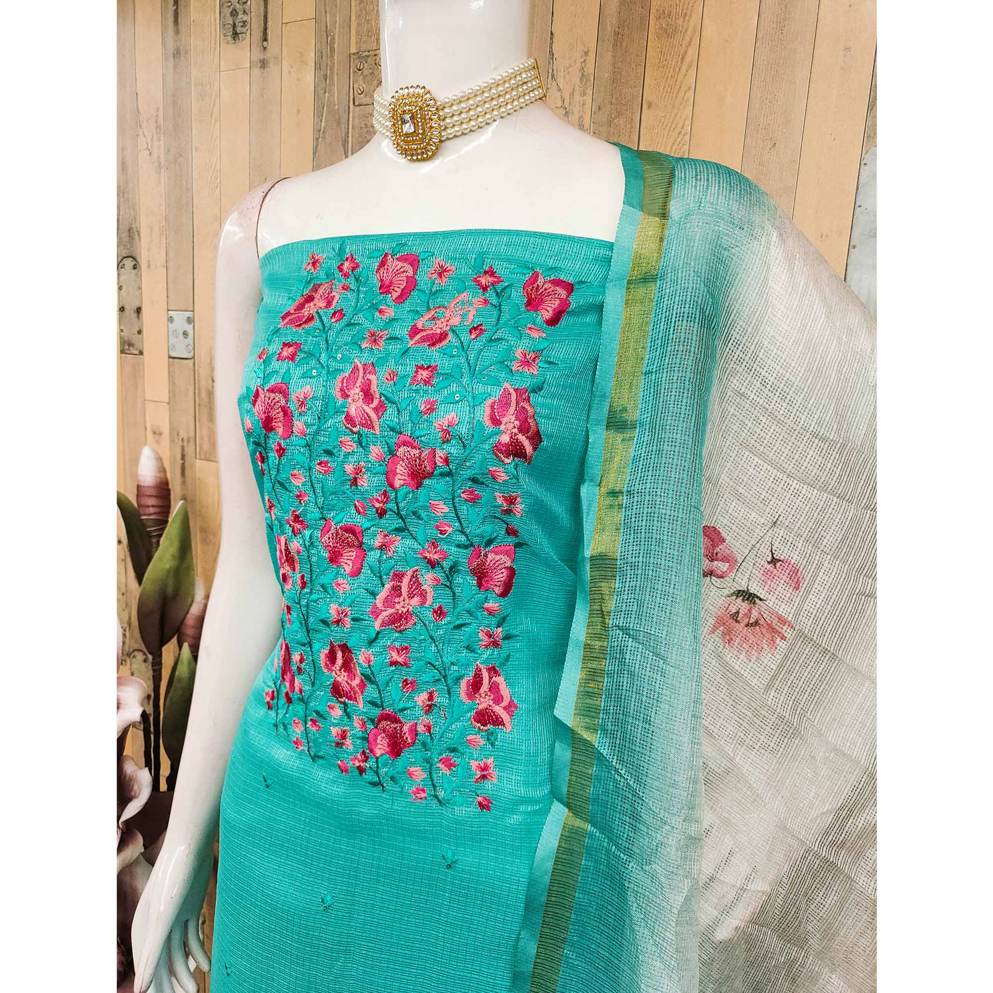 Turquoise Kota Doria Dress Material With Intricate Floral Motifs & Sparkling Sequins Embroidery