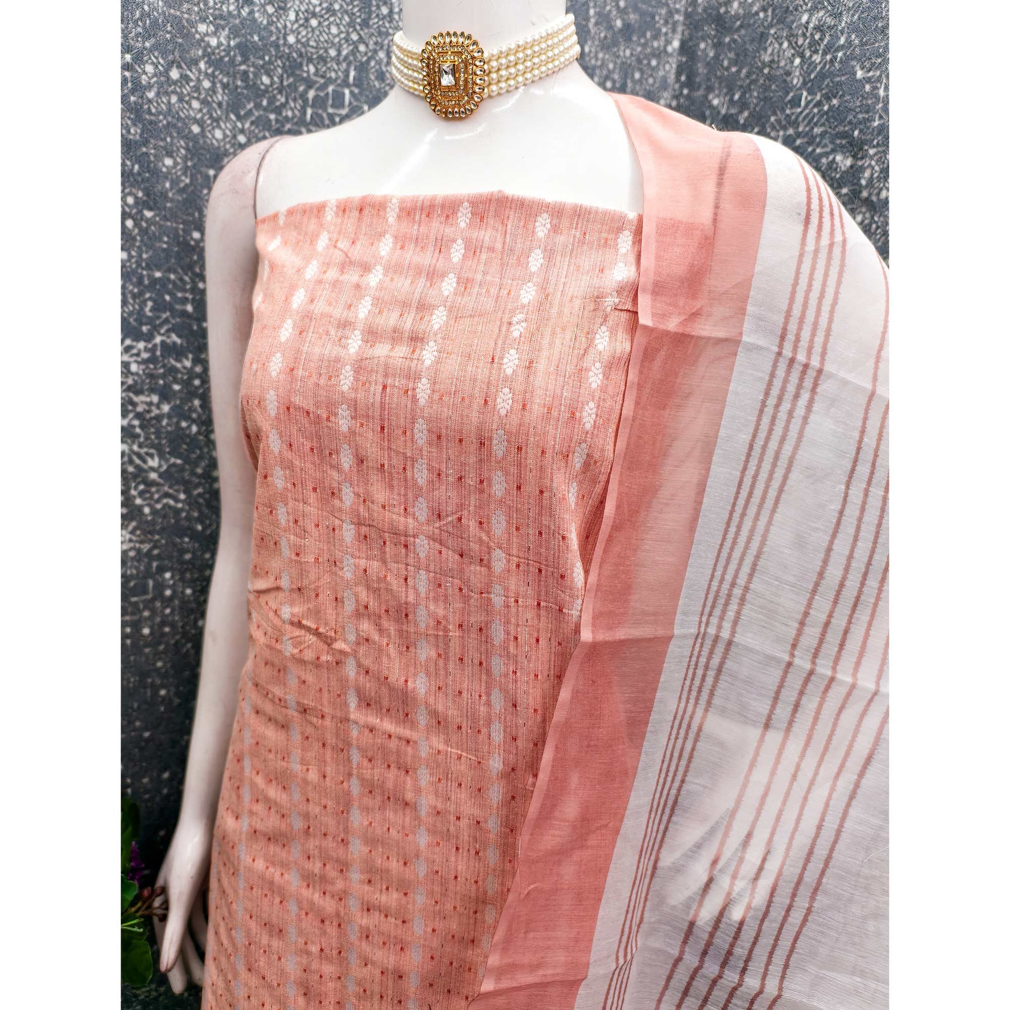 Classic Peach Pure Cotton Dress Material Featuring Intricate Weaving