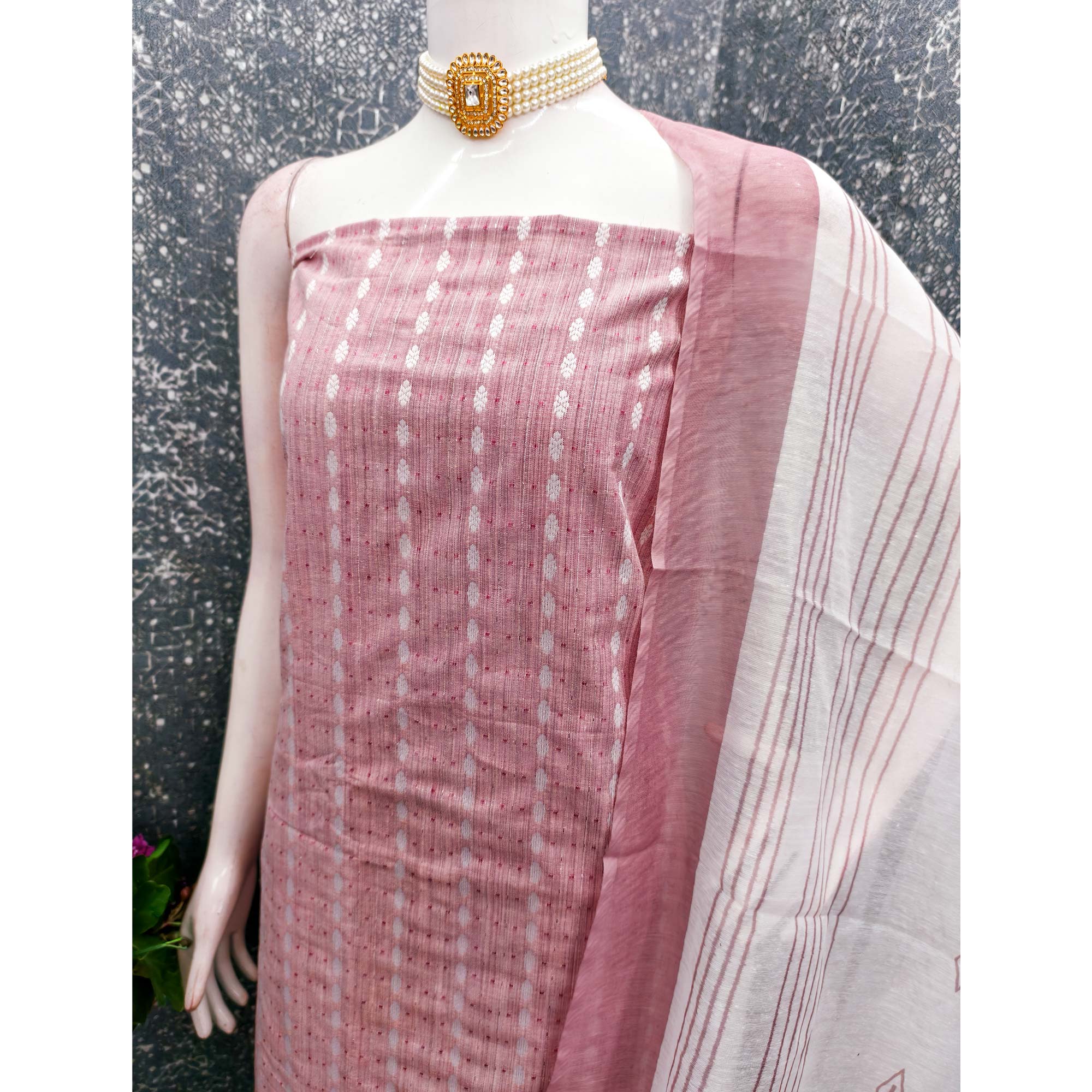 Classic Rose Pink Pure Cotton Dress Material Featuring Intricate Weaving