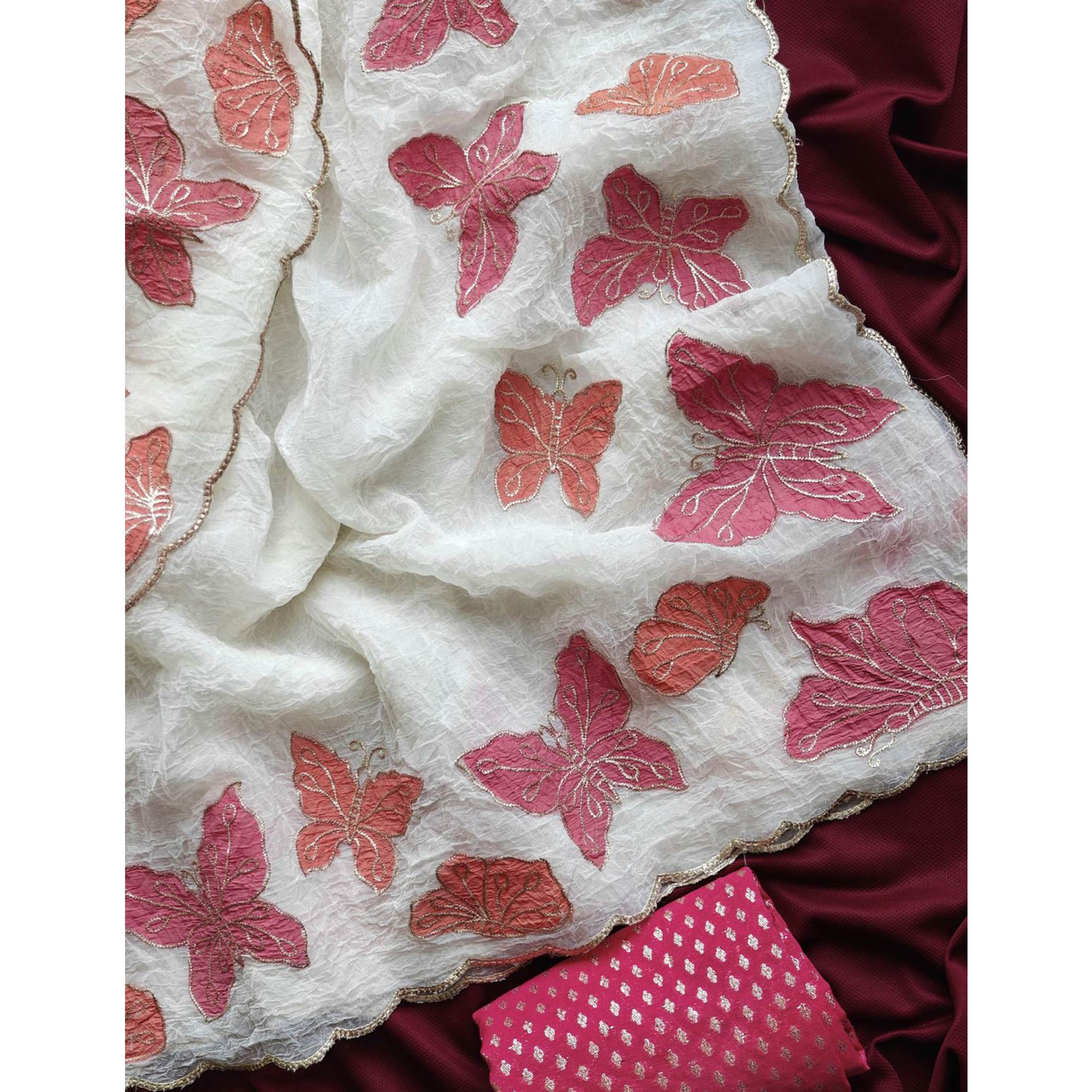 Off White Designer Chiffon Crush Saree Featuring Butterfly Embroidery