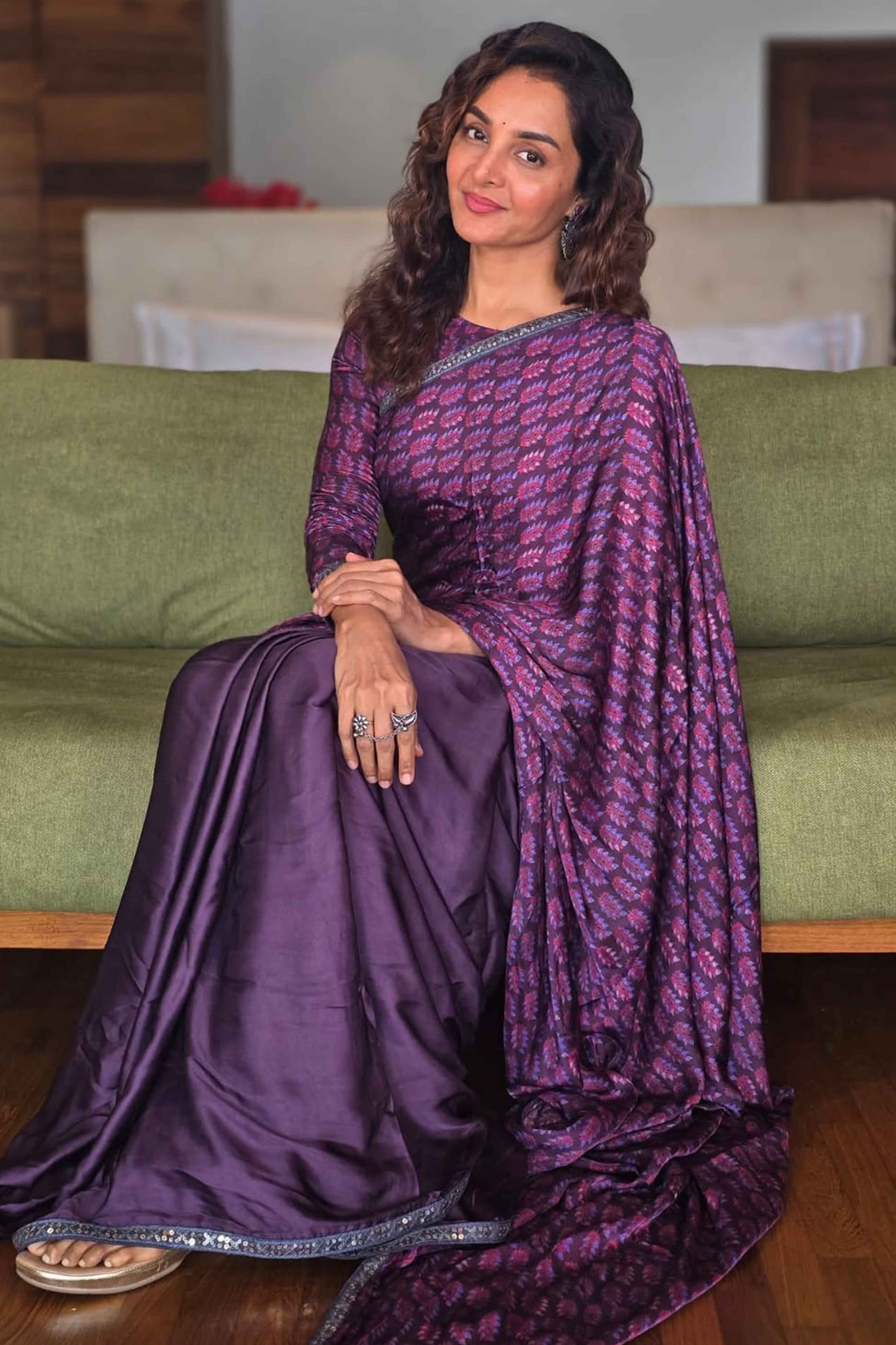 Floral Printed Purple Crepe Silk Saree with Delicate Sequins Border