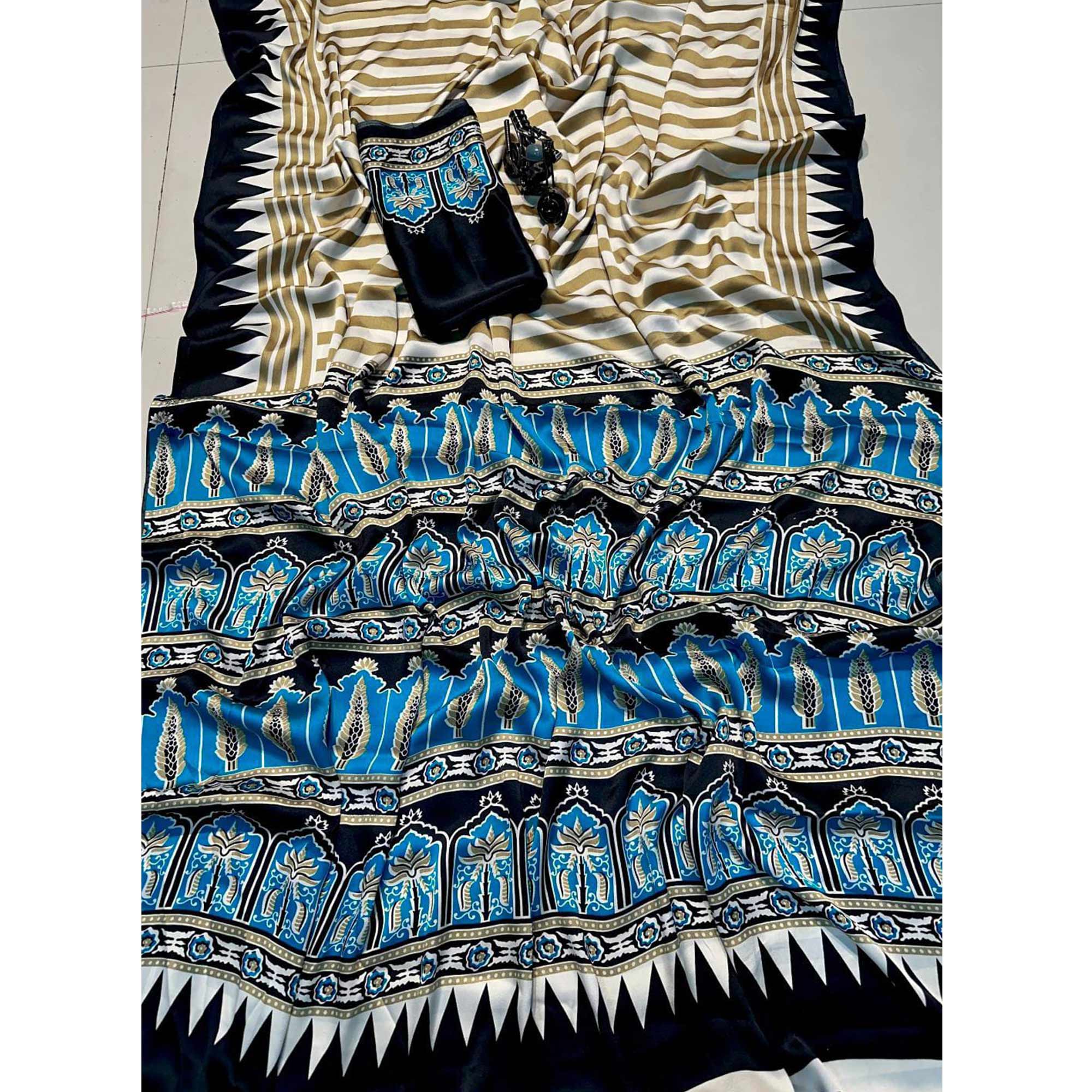 Graceful Chikoo & Black Crepe Silk Blend Saree Adorned with Bold Striped Print Work