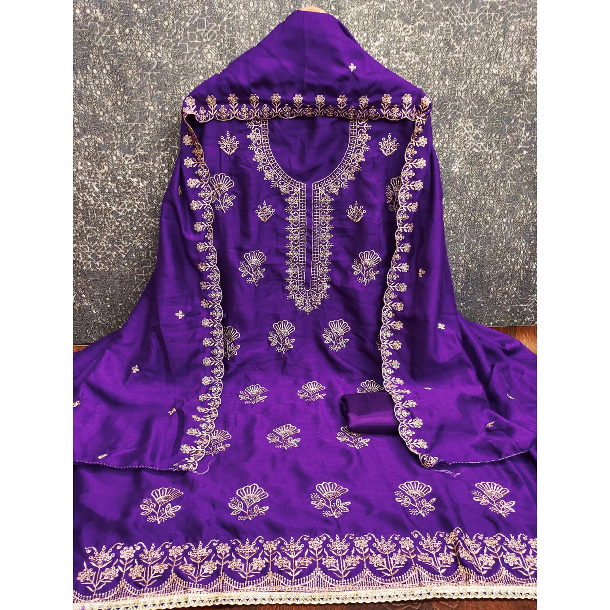 Violet Thread Embroidered Vichitra Silk Dress Material Perfect for Party & Festive Wear