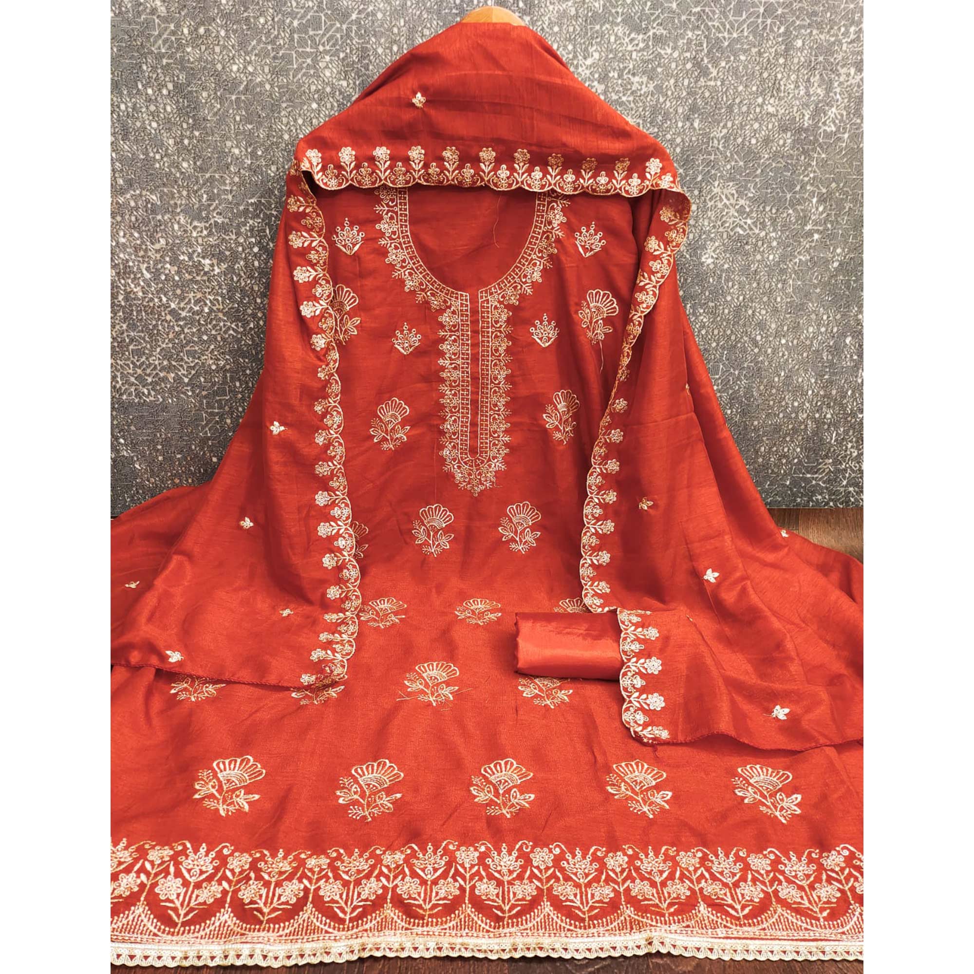 Orange Thread Embroidered Vichitra Silk Dress Material Perfect for Party & Festive Wear