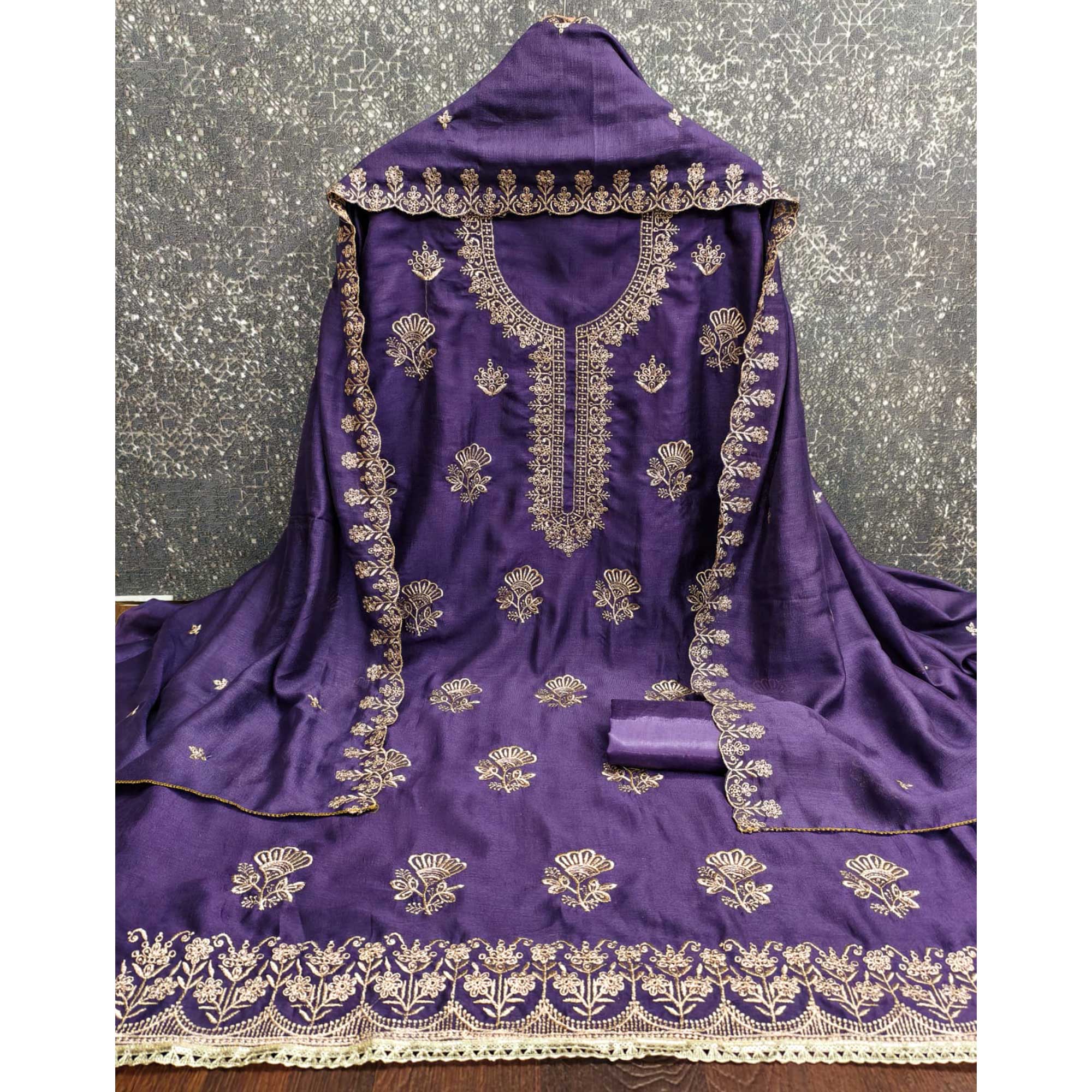 Light Violet Thread Embroidered Vichitra Silk Dress Material Perfect for Party & Festive Wear