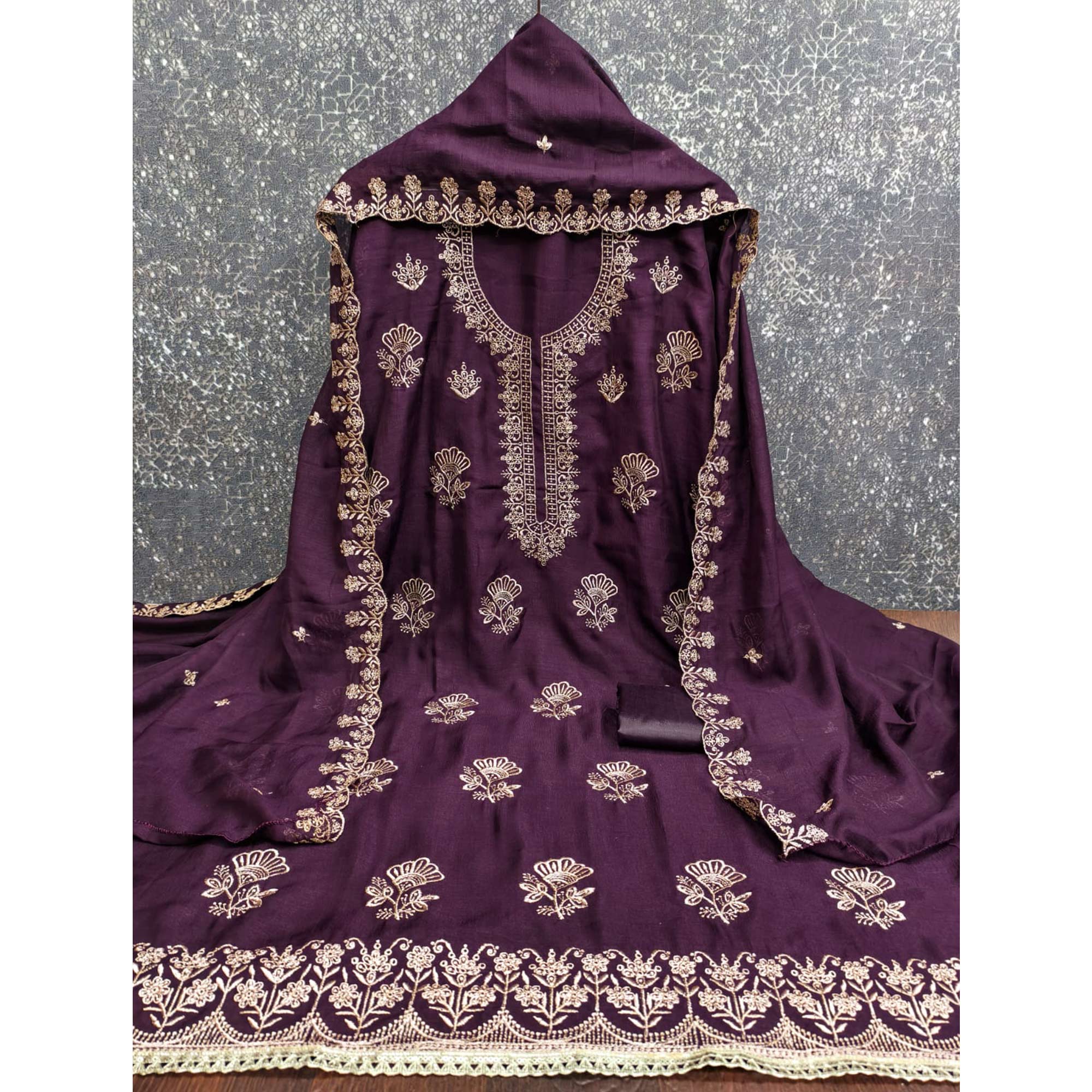 Wine Thread Embroidered Vichitra Silk Dress Material Perfect for Party & Festive Wear