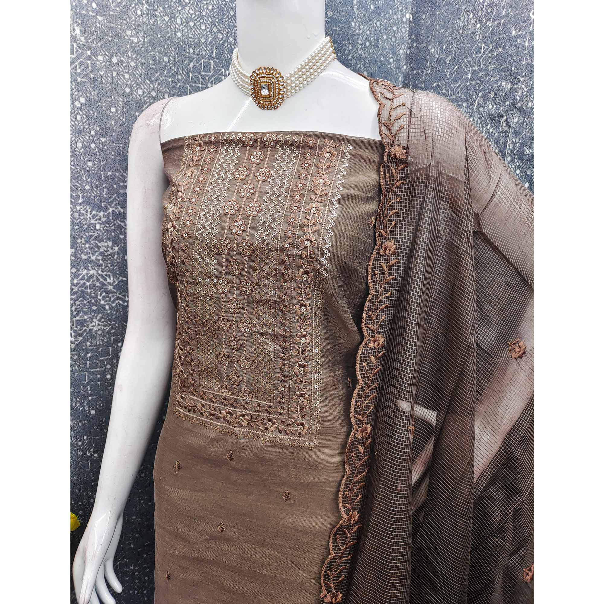 Classic Brown Chanderi Silk Dress Material With Exquisite Floral Sequins Embroidery