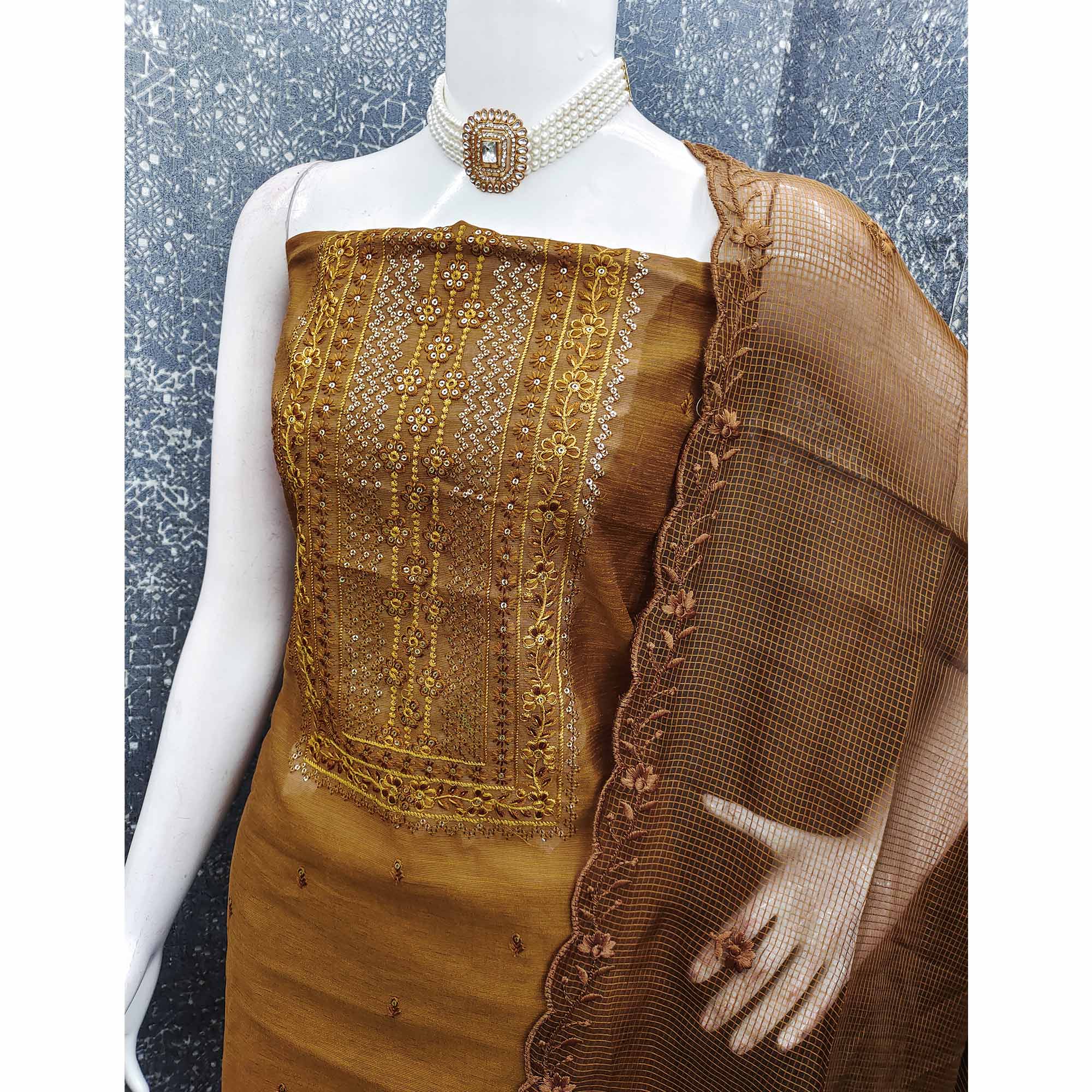 Classic Dark Mustard Chanderi Silk Dress Material With Exquisite Floral Sequins Embroidery
