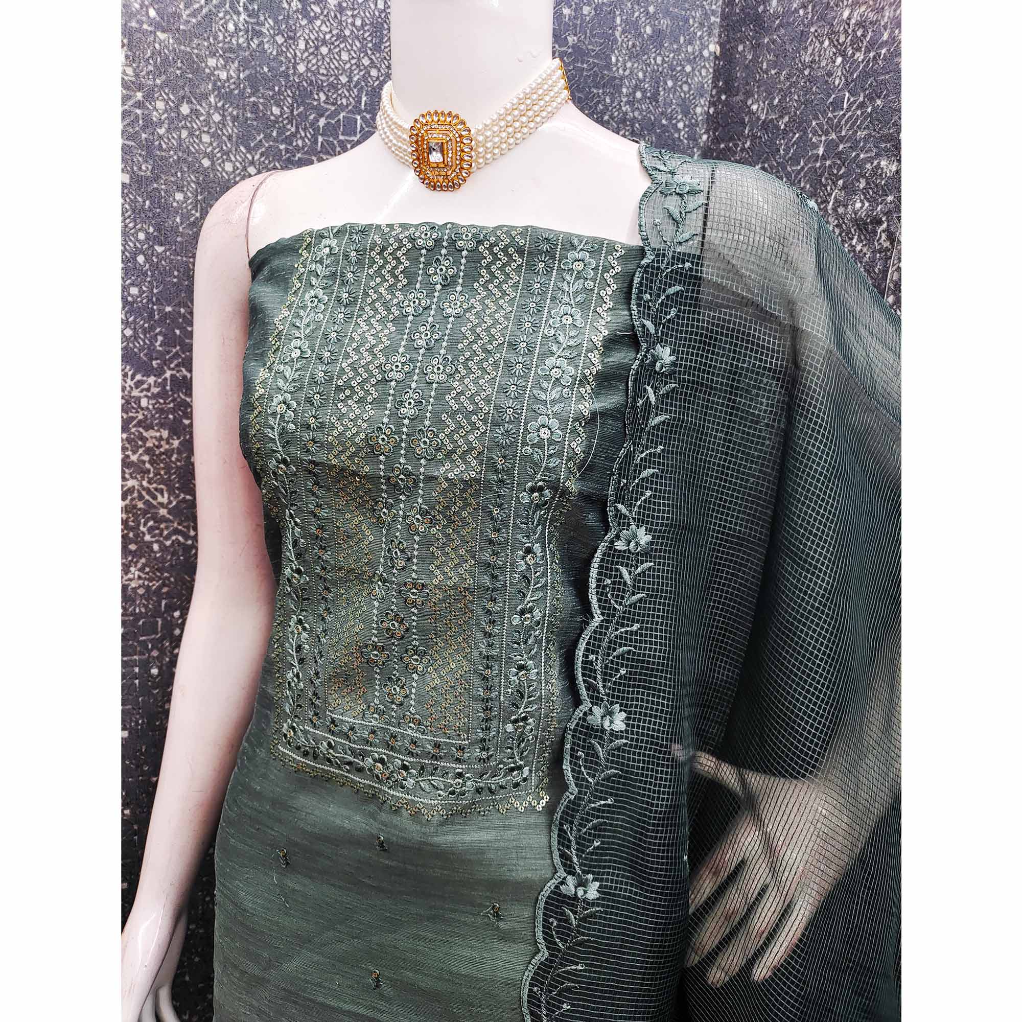 Classic Green Chanderi Silk Dress Material With Exquisite Floral Sequins Embroidery