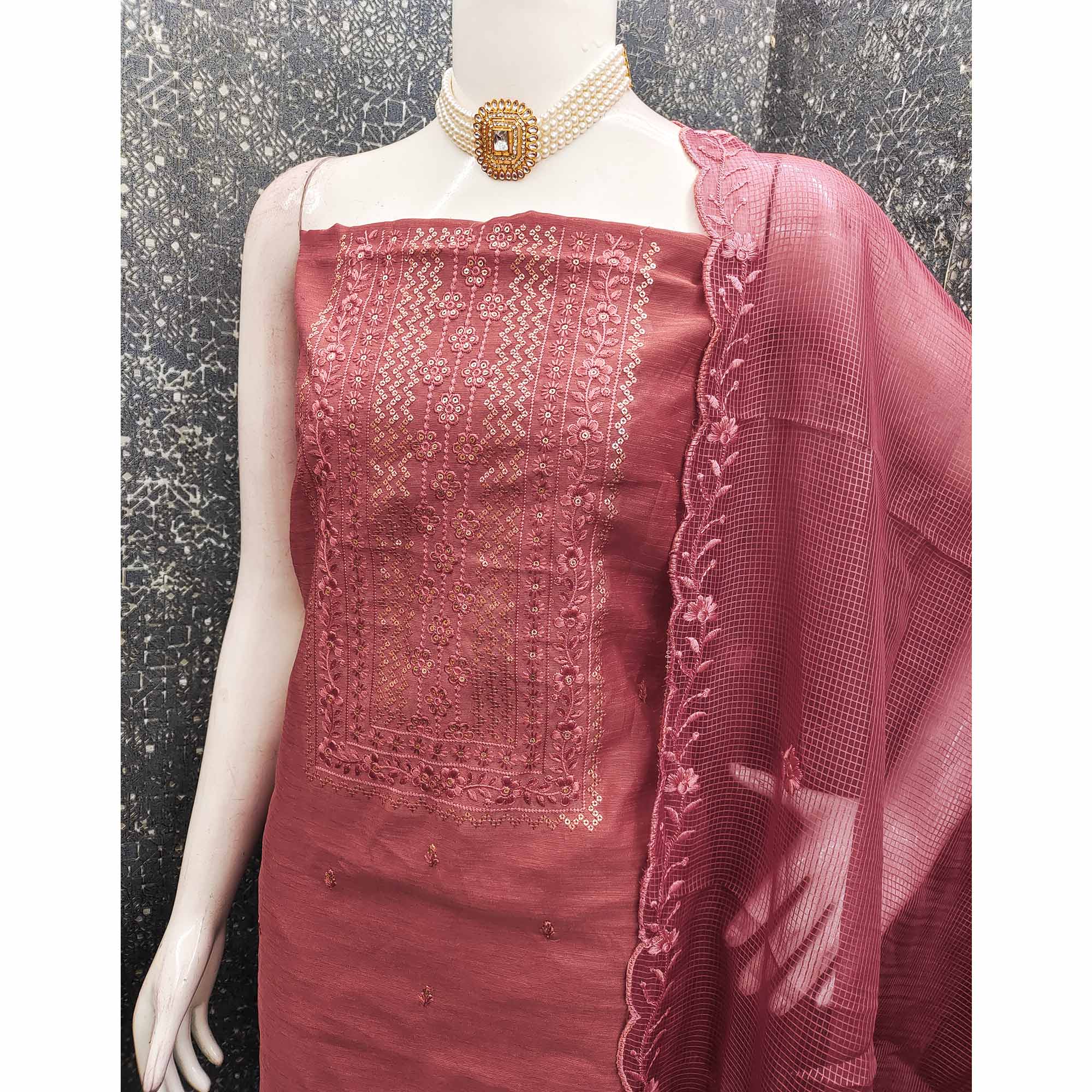 Classic Pink Chanderi Silk Dress Material With Exquisite Floral Sequins Embroidery