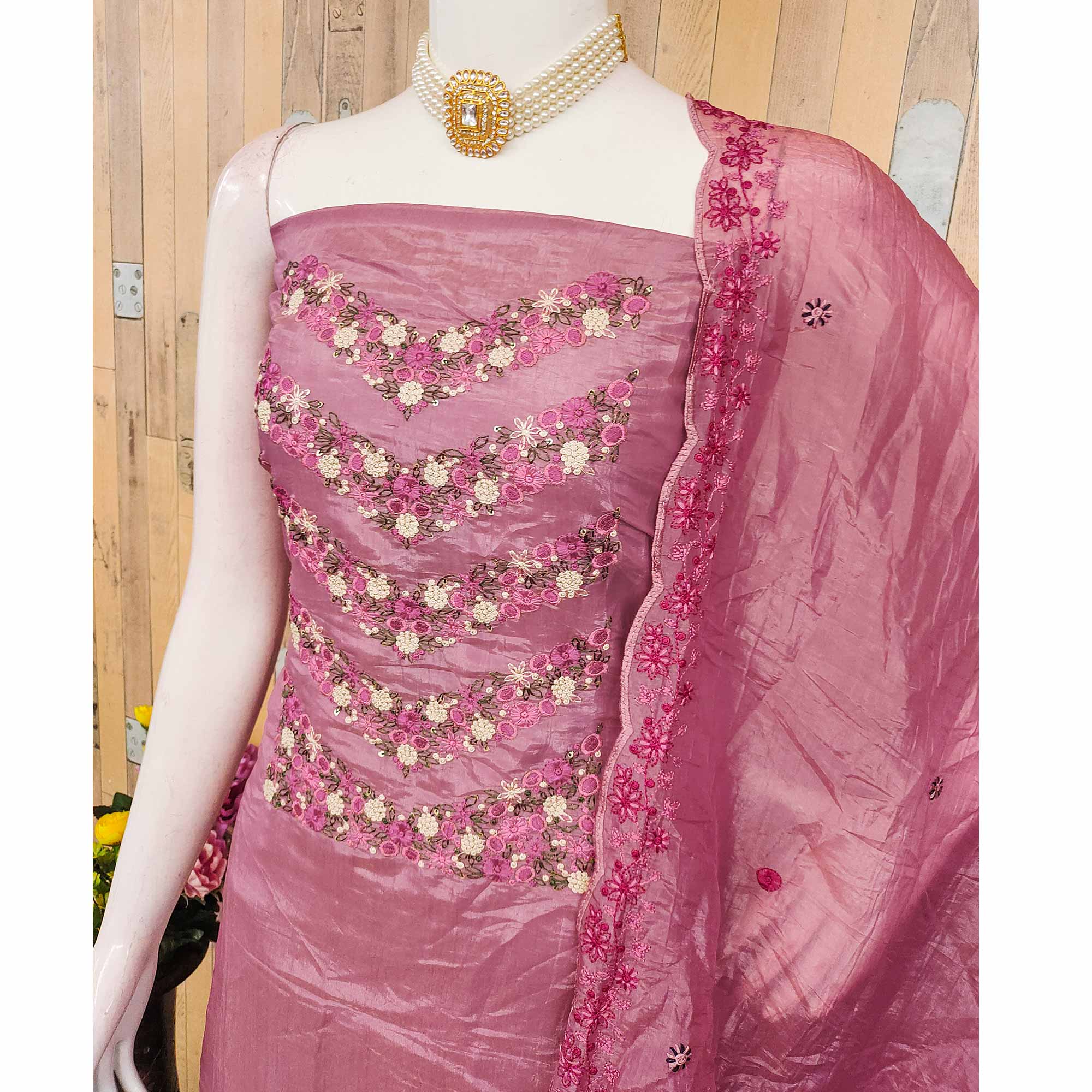 Designer Pink Gold Crush Organza Dress Material With Intricate Floral Thread & Sequins Detailing