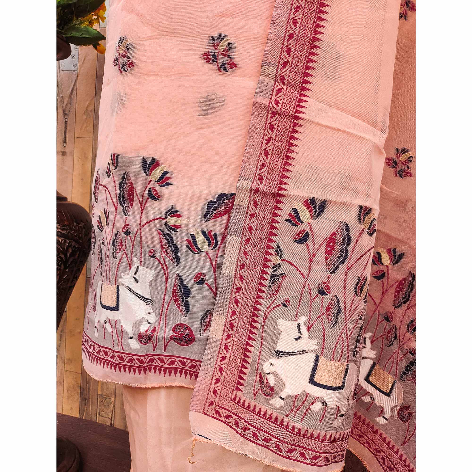 Premium Peach Chanderi Silk Weaving Dress Material With Artistic Floral & Animal Motifs