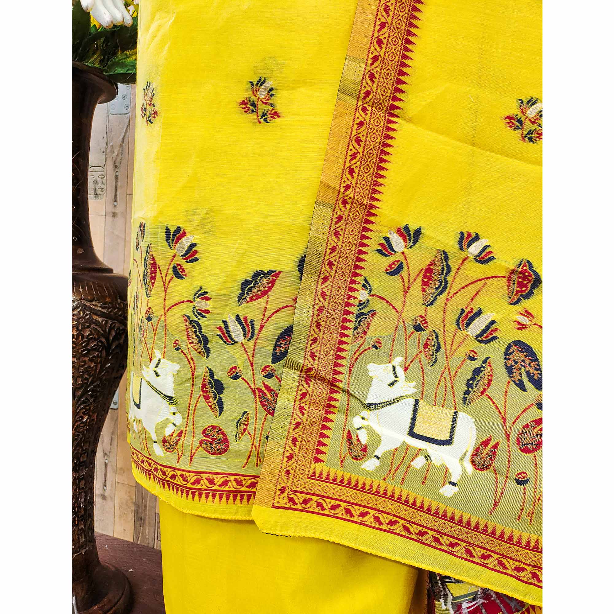 Premium Yellow Chanderi Silk Weaving Dress Material With Artistic Floral & Animal Motifs