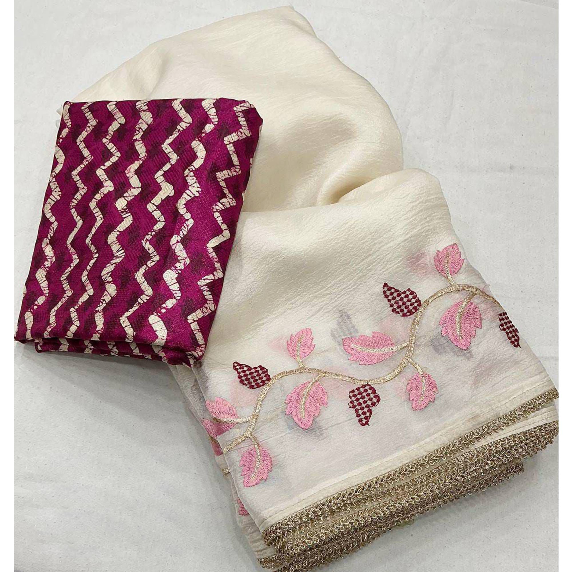 Off White Thread Embroidered Crush Georgette Saree
