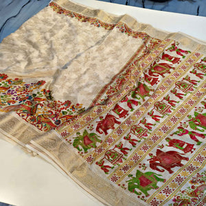 Off white Dola Silk Fabric with Multicolor Peacock & Floral Weaving