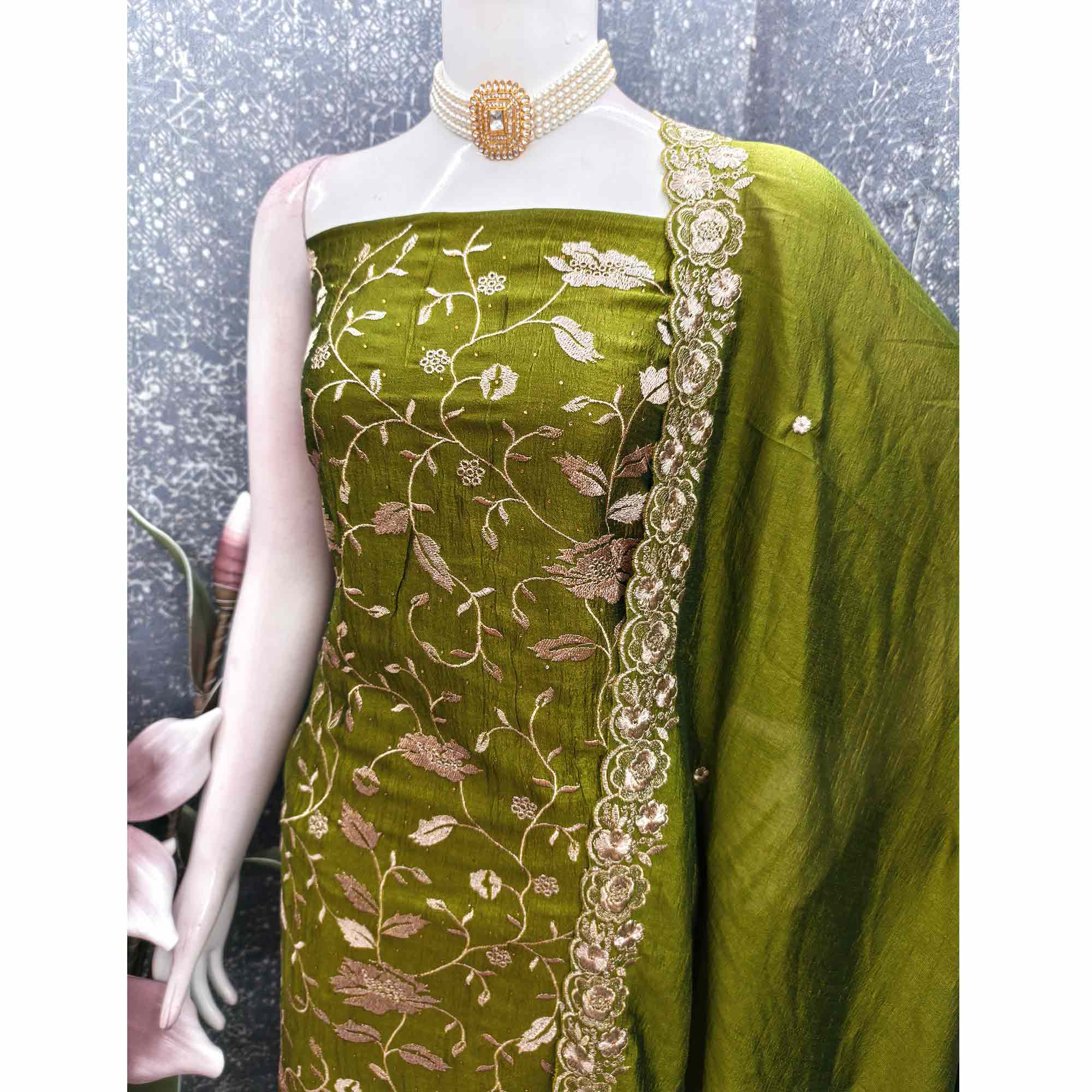 Mehendi Green Vichitra Silk Dress Material With Delicate Floral Embroidery & Sparkling Stone Accent