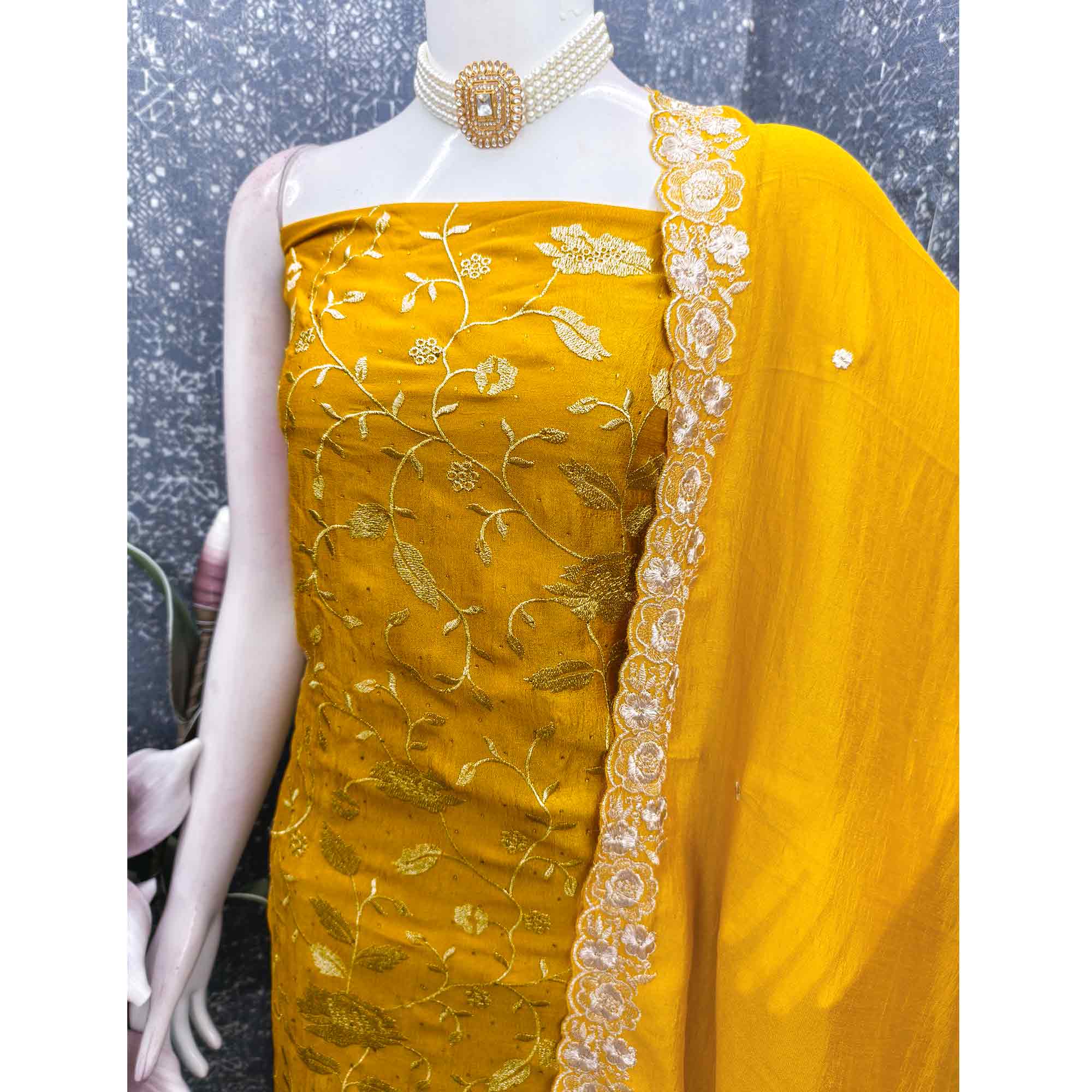 Mustard Vichitra Silk Dress Material With Delicate Floral Embroidery & Sparkling Stone Accents