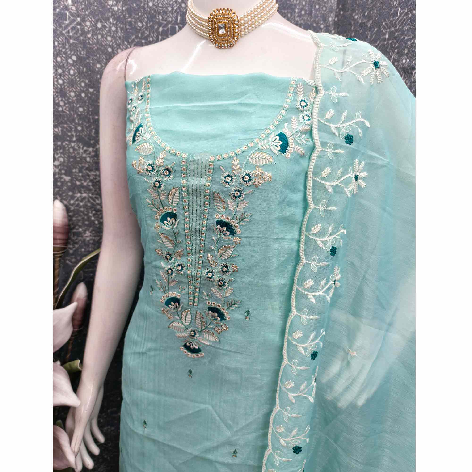 Blue Art Silk Dress Material With Graceful Floral Thread Embroidery & Sparkling Sequins