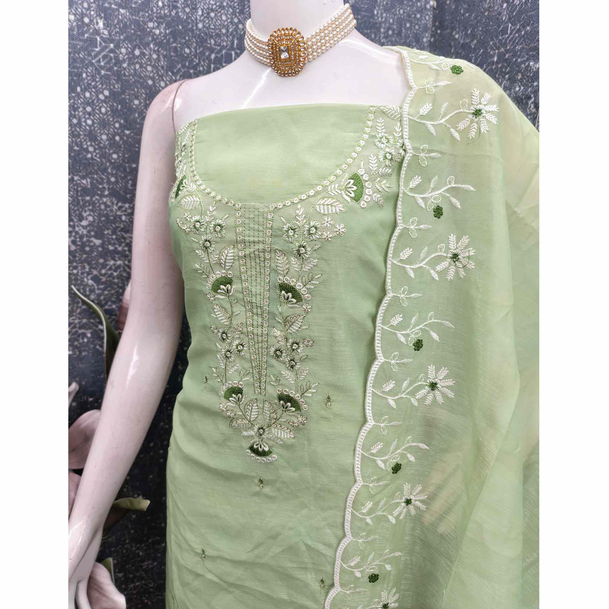 Green Art Silk Dress Material With Graceful Floral Thread Embroidery & Sparkling Sequins
