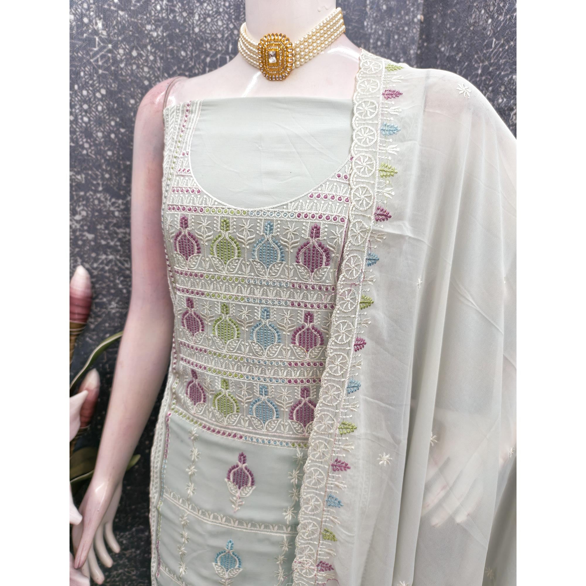 Sophisticated Grey Georgette Dress Material Accented With Ornate Floral Thread Embroidery