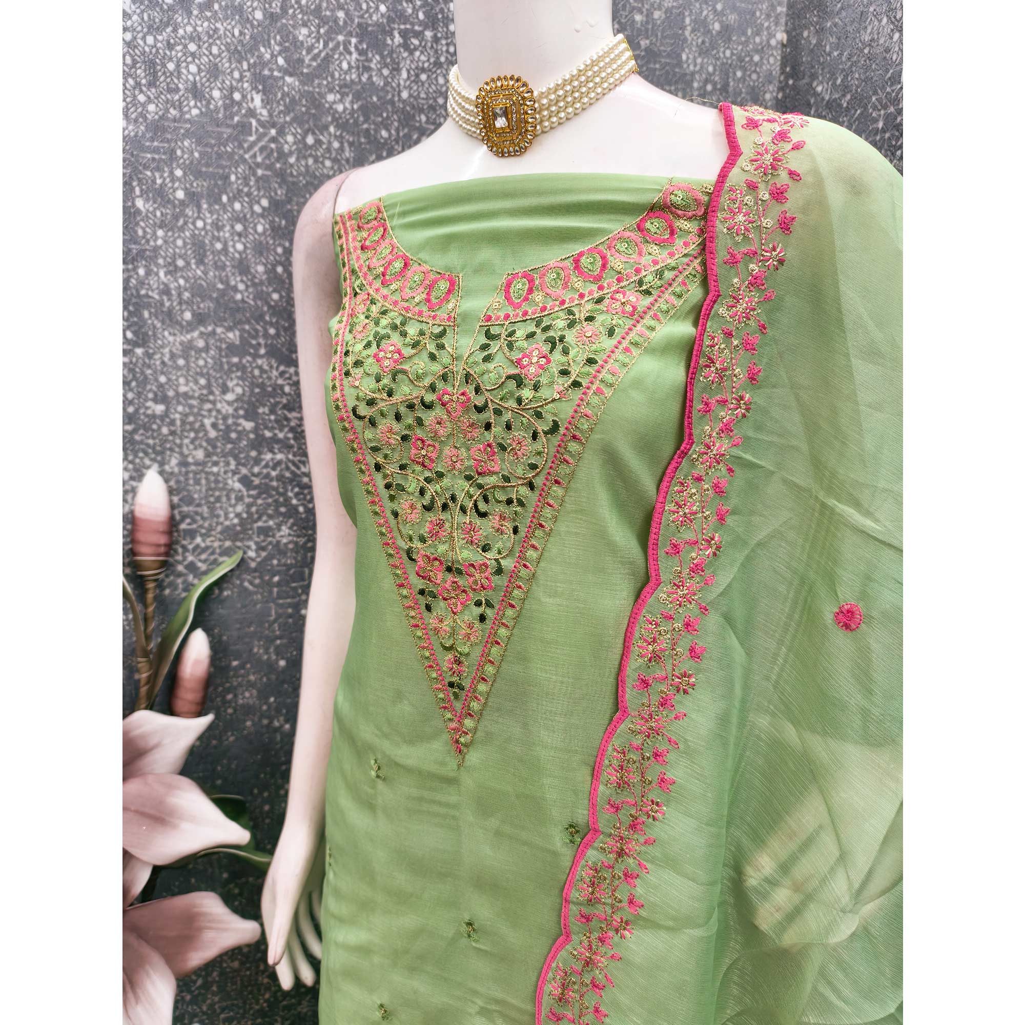 Vibrant Green Art Silk Dress Fabric with Timeless Golden Thread Embellishment