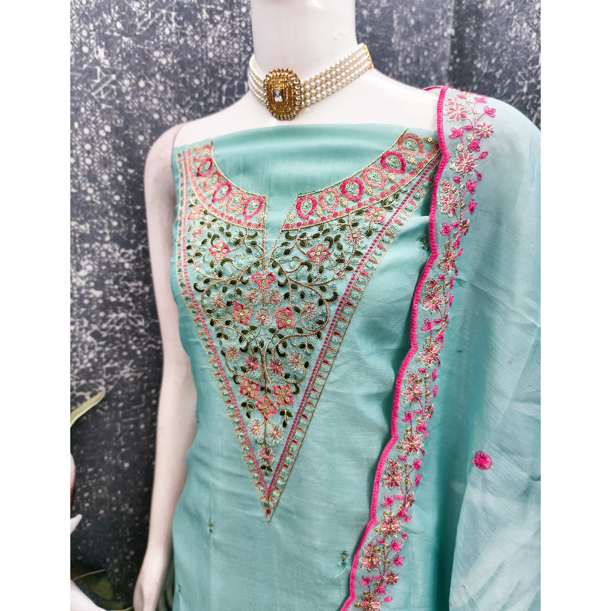Vibrant Turquoise Art Silk Dress Fabric with Timeless Golden Thread Embellishment