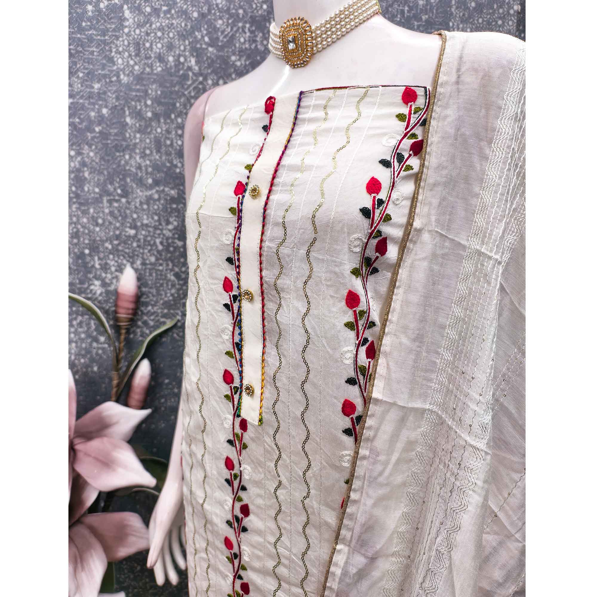 Alluring White Chanderi Silk Dress Fabric Featuring Delicate Sequins Embroidery