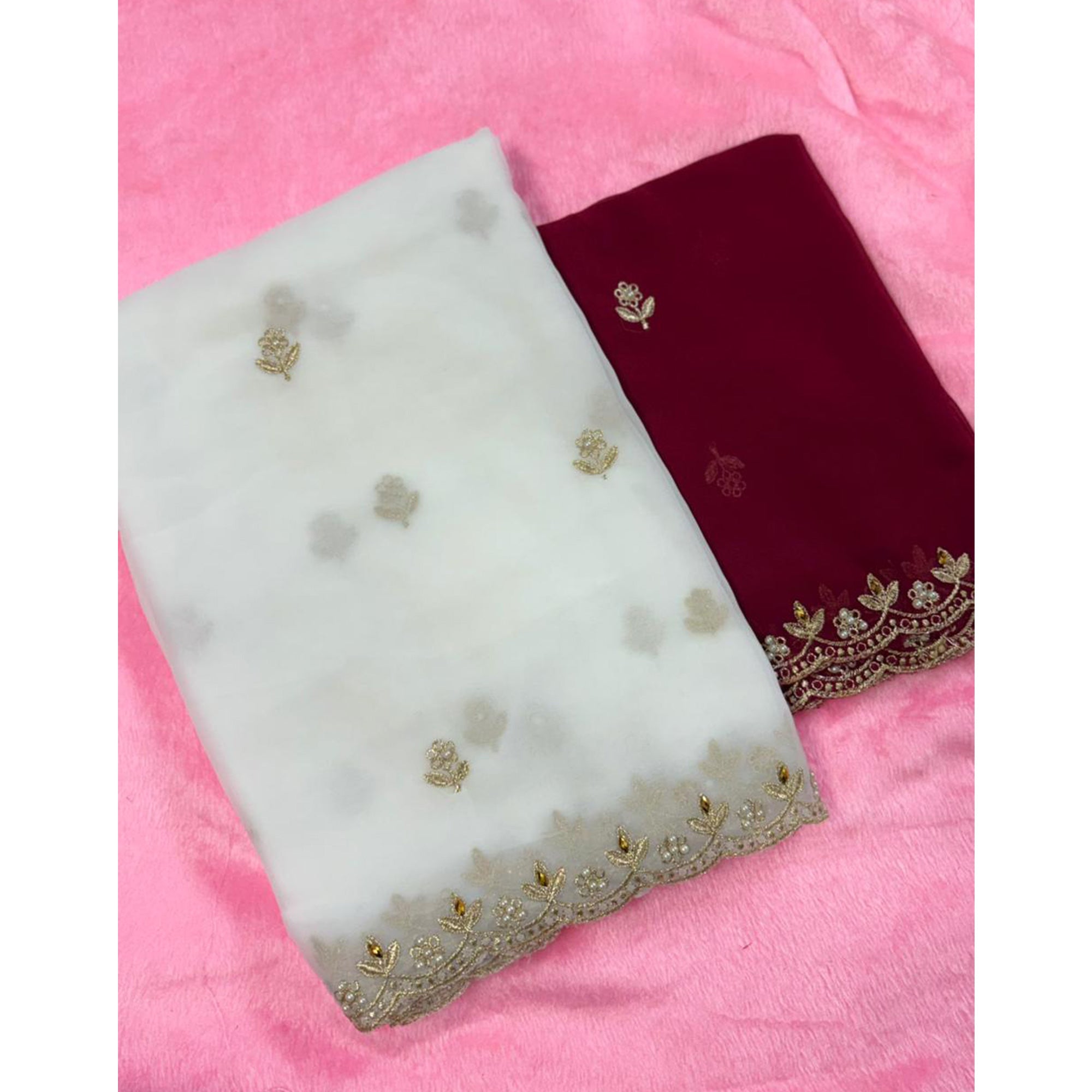 Graceful White Georgette Saree Adorned With Floral Embroidery & Moti Beads Detailing