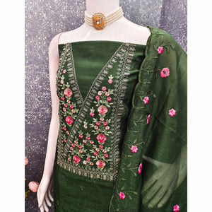 Majestic Bloom Green Art Silk Dress Material With Exquisite Floral & Sequins Detailing