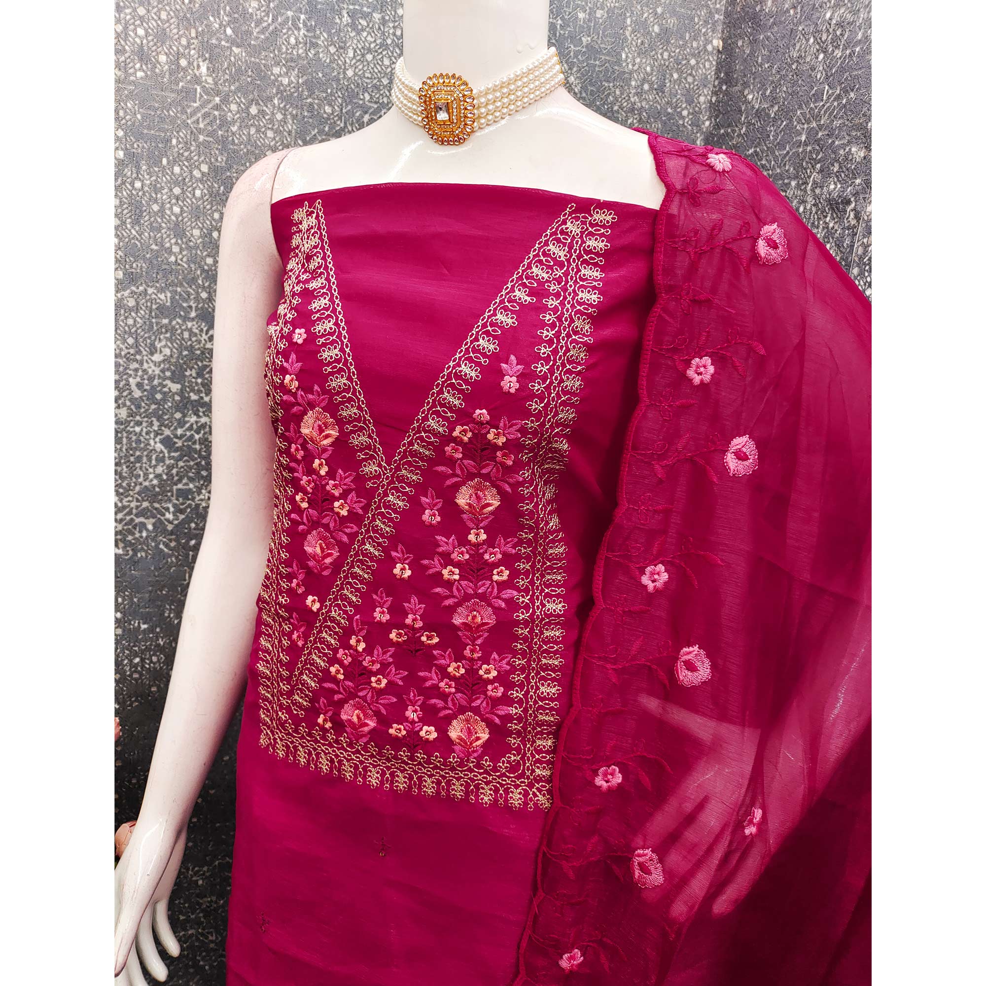 Majestic Bloom Pink Art Silk Dress Material With Exquisite Floral & Sequins Detailing