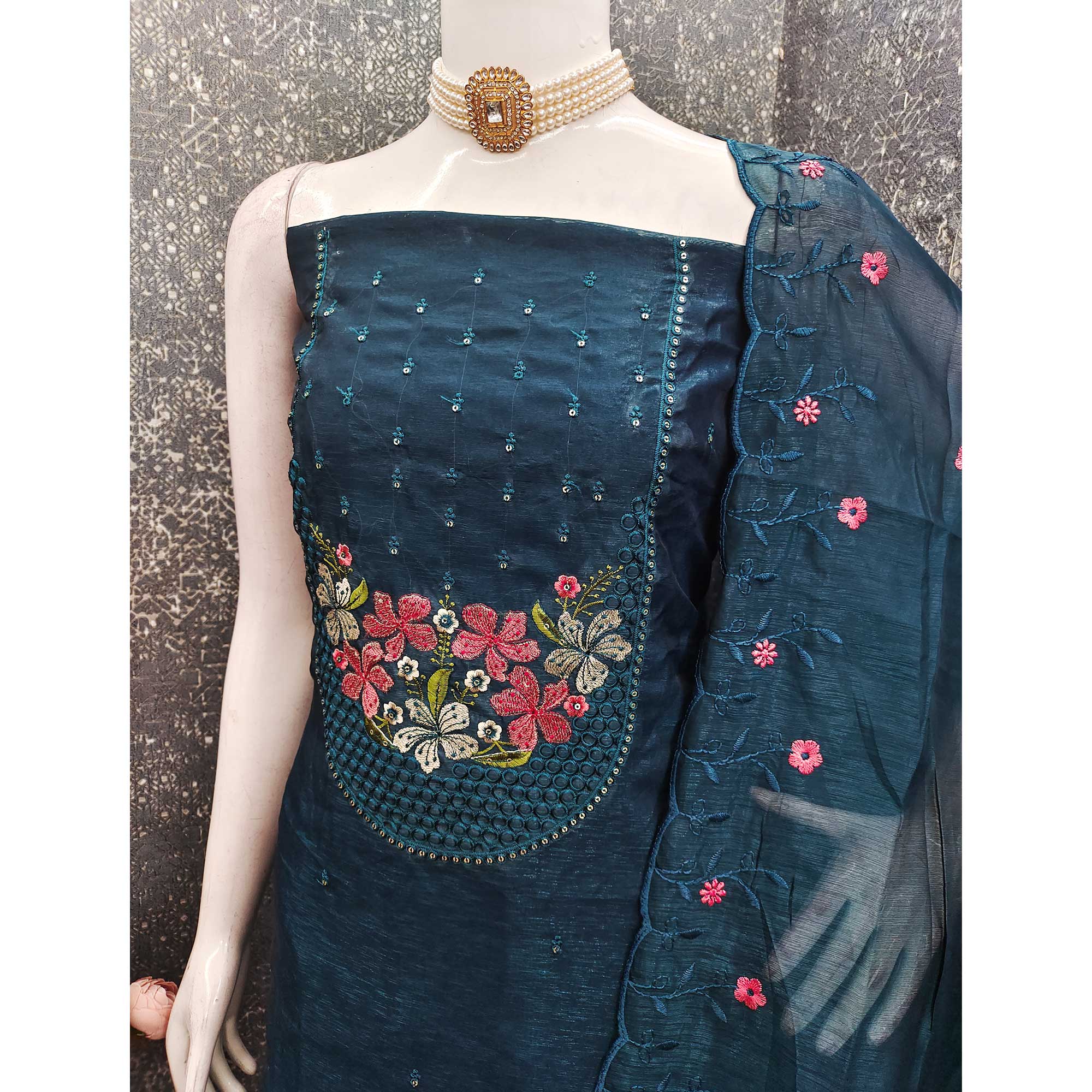 Ethereal Grace Blue Floral Embroidered & Sequins Enhanced Art Silk Dress Material