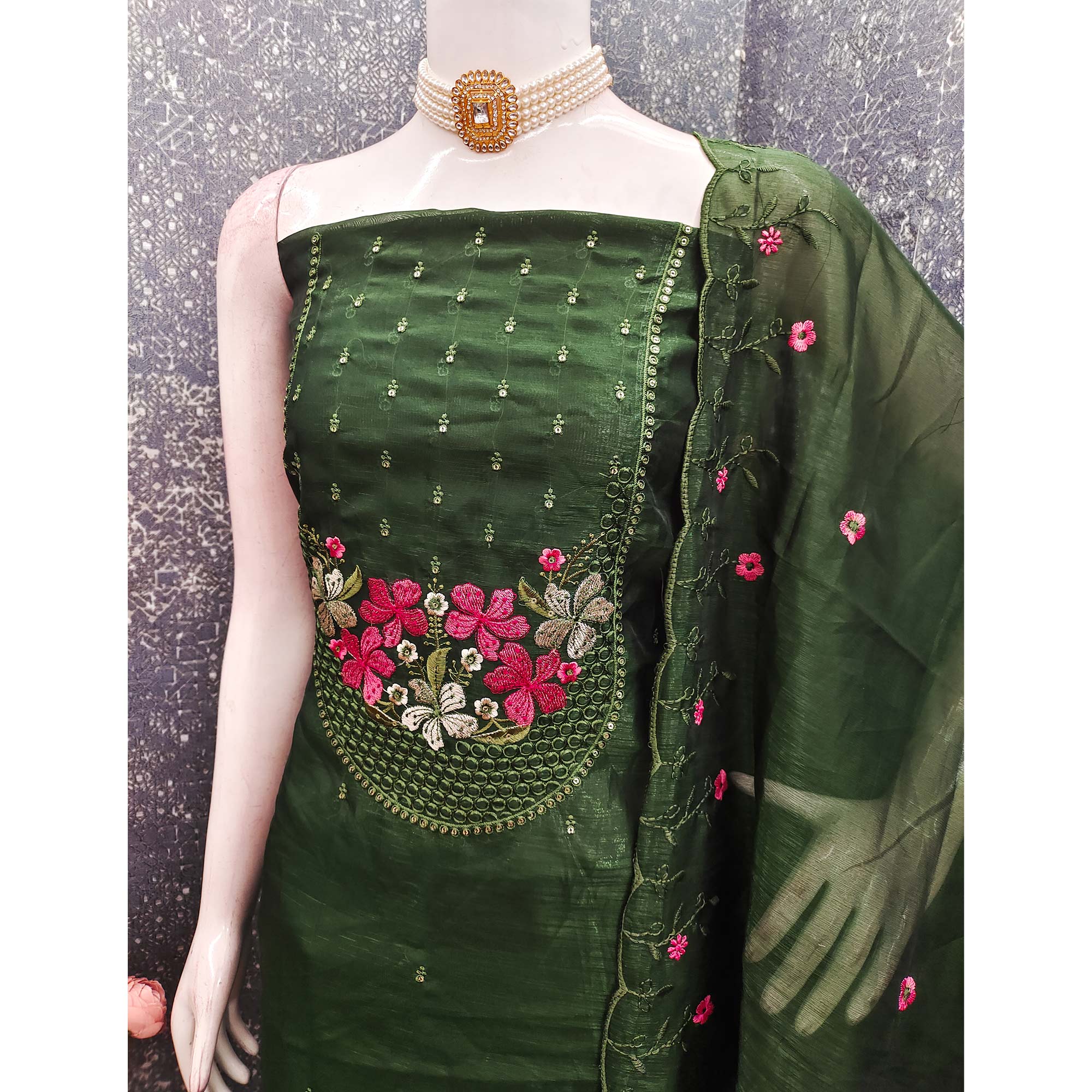 Ethereal Grace Green Floral Embroidered & Sequins Enhanced Art Silk Dress Material