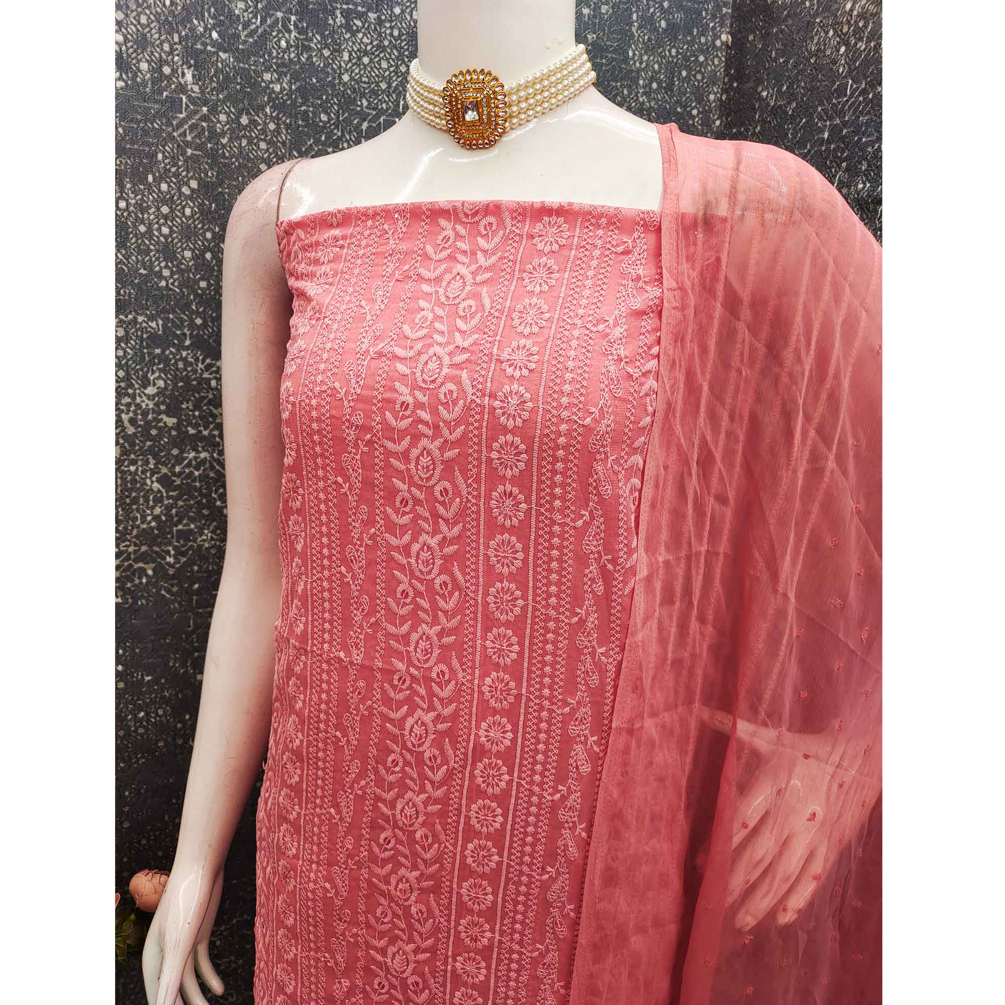 Stunning Coral Pink Floral Embroidery With Sparkling Sequins Work Georgette Dress Material