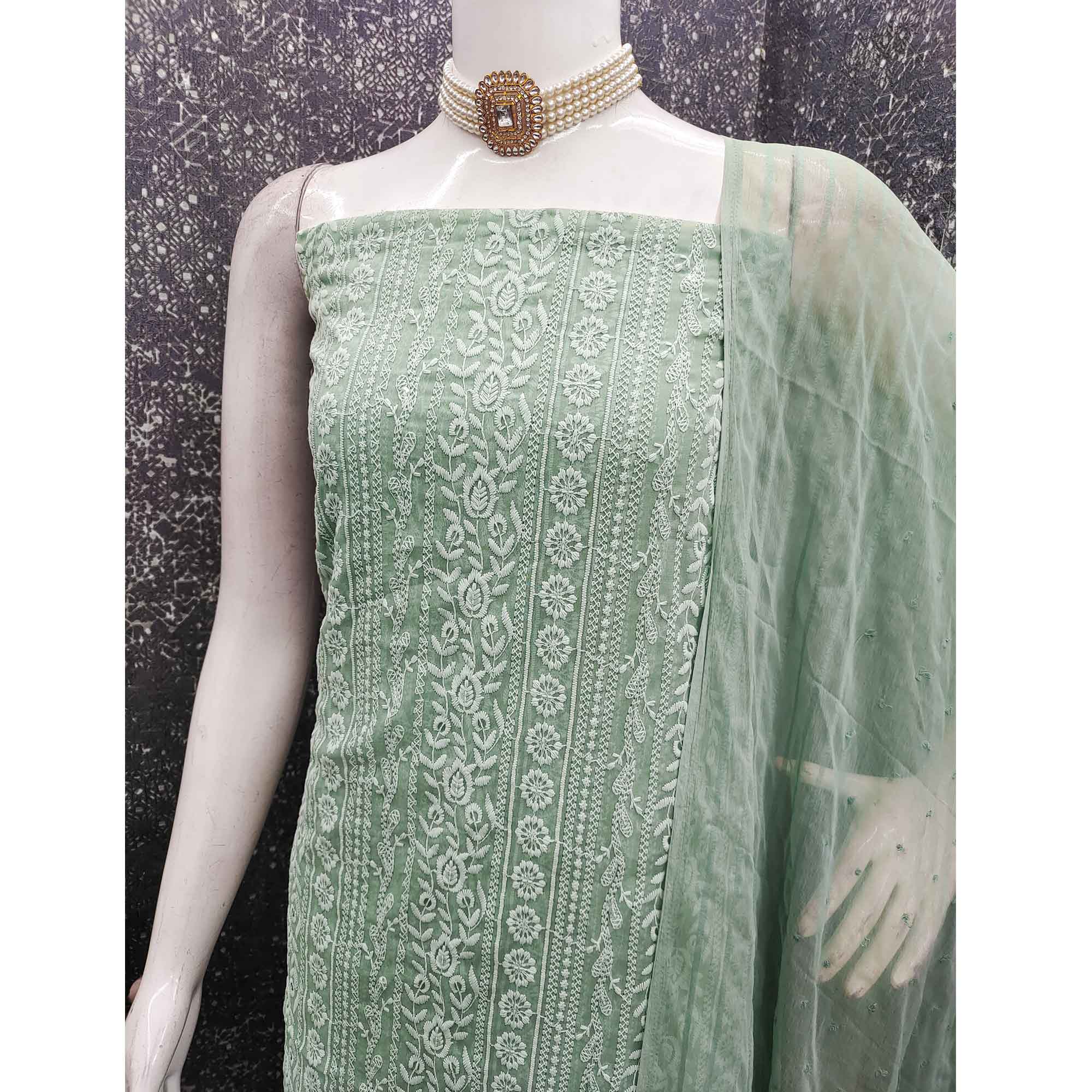 Stunning Green Floral Embroidery With Sparkling Sequins Work Georgette Dress Material
