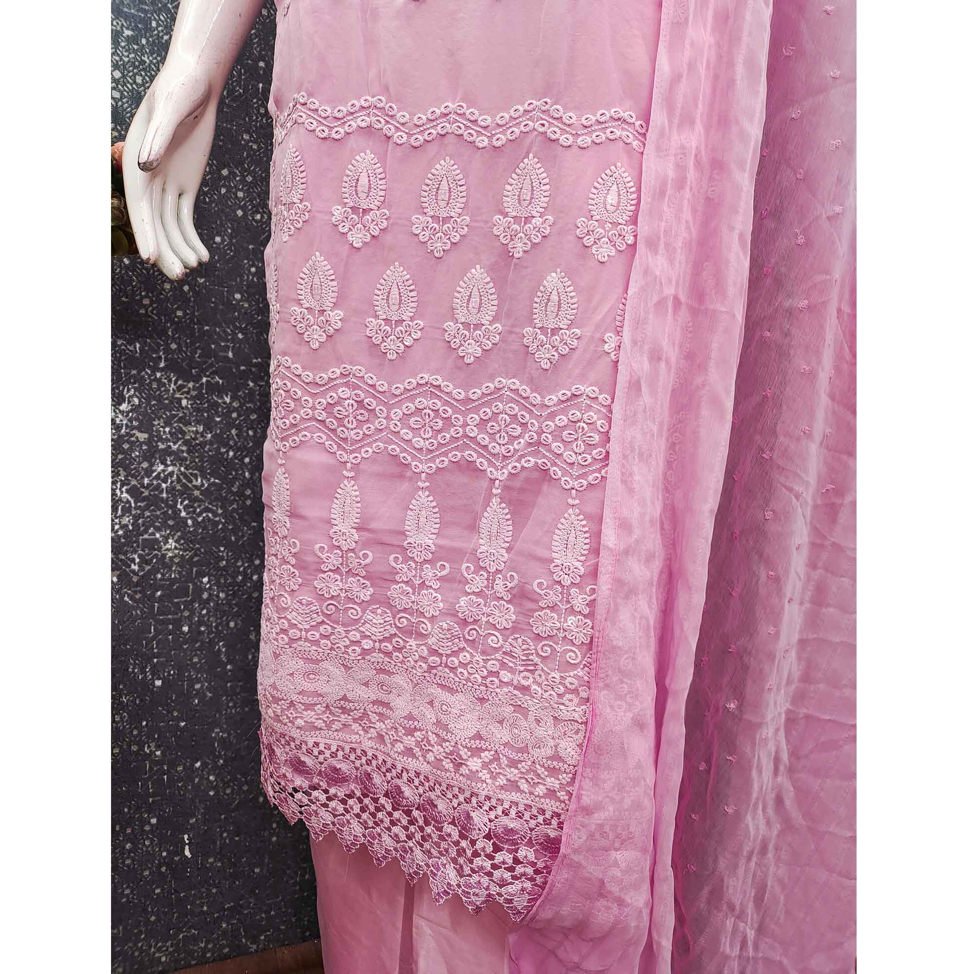 Stunning Baby Pink Floral Embroidery With Sparkling Sequins Work Georgette Dress Material