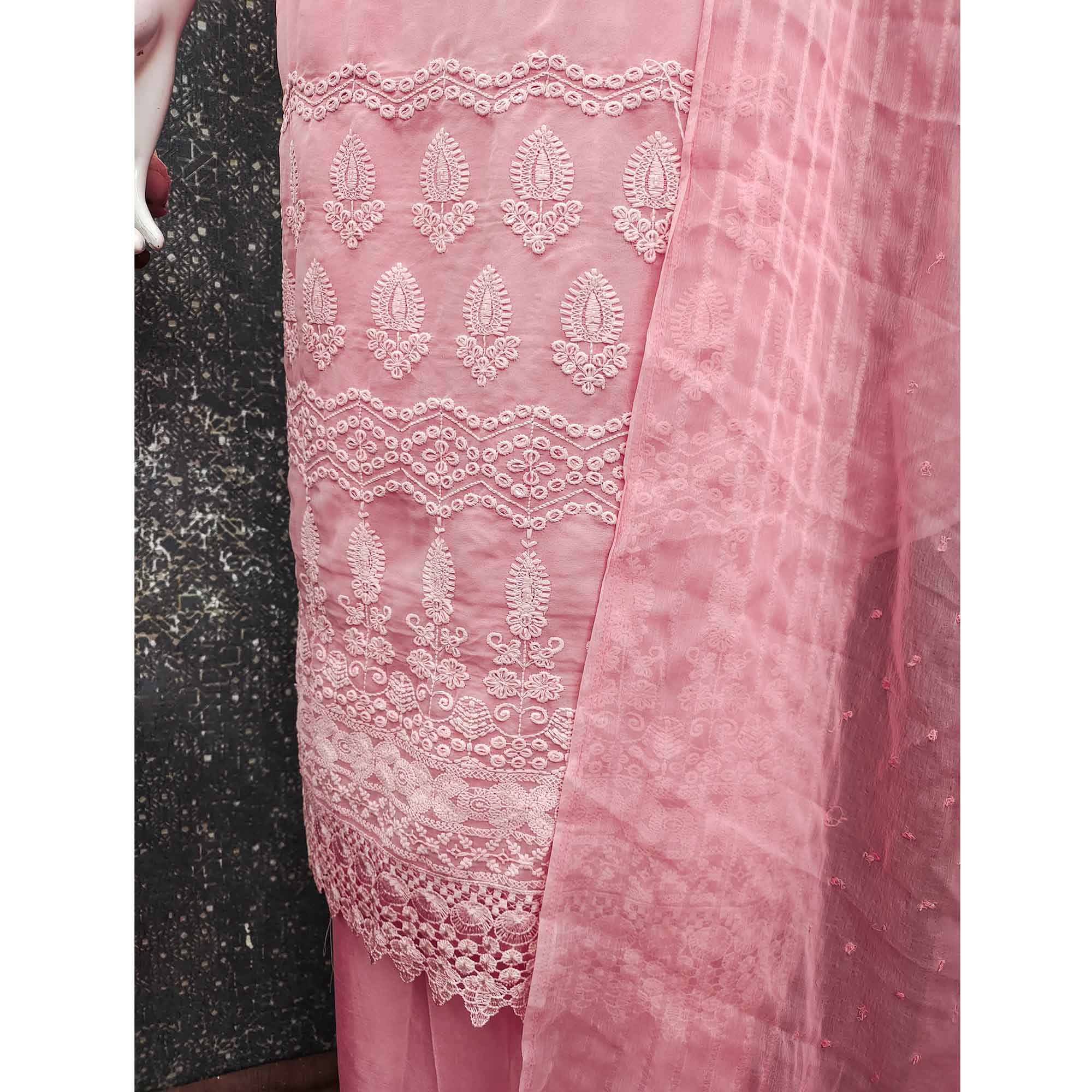 Stunning Light Rose Pink Floral Embroidery With Sparkling Sequins Work Georgette Dress Material