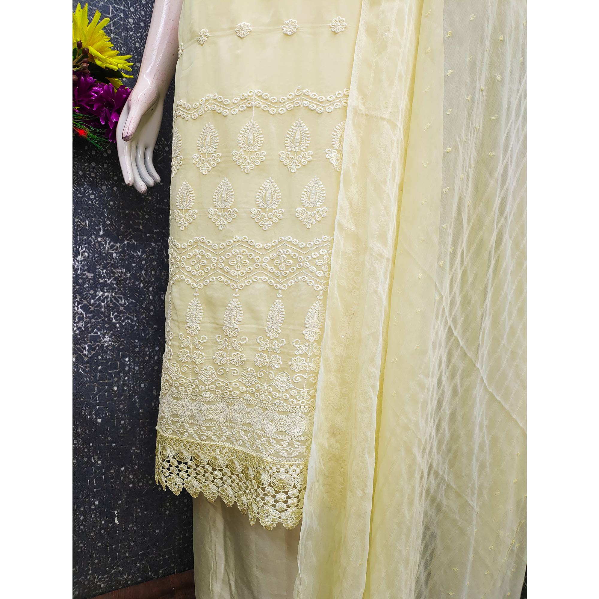 Stunning Yellow Floral Embroidery With Sparkling Sequins Work Georgette Dress Material