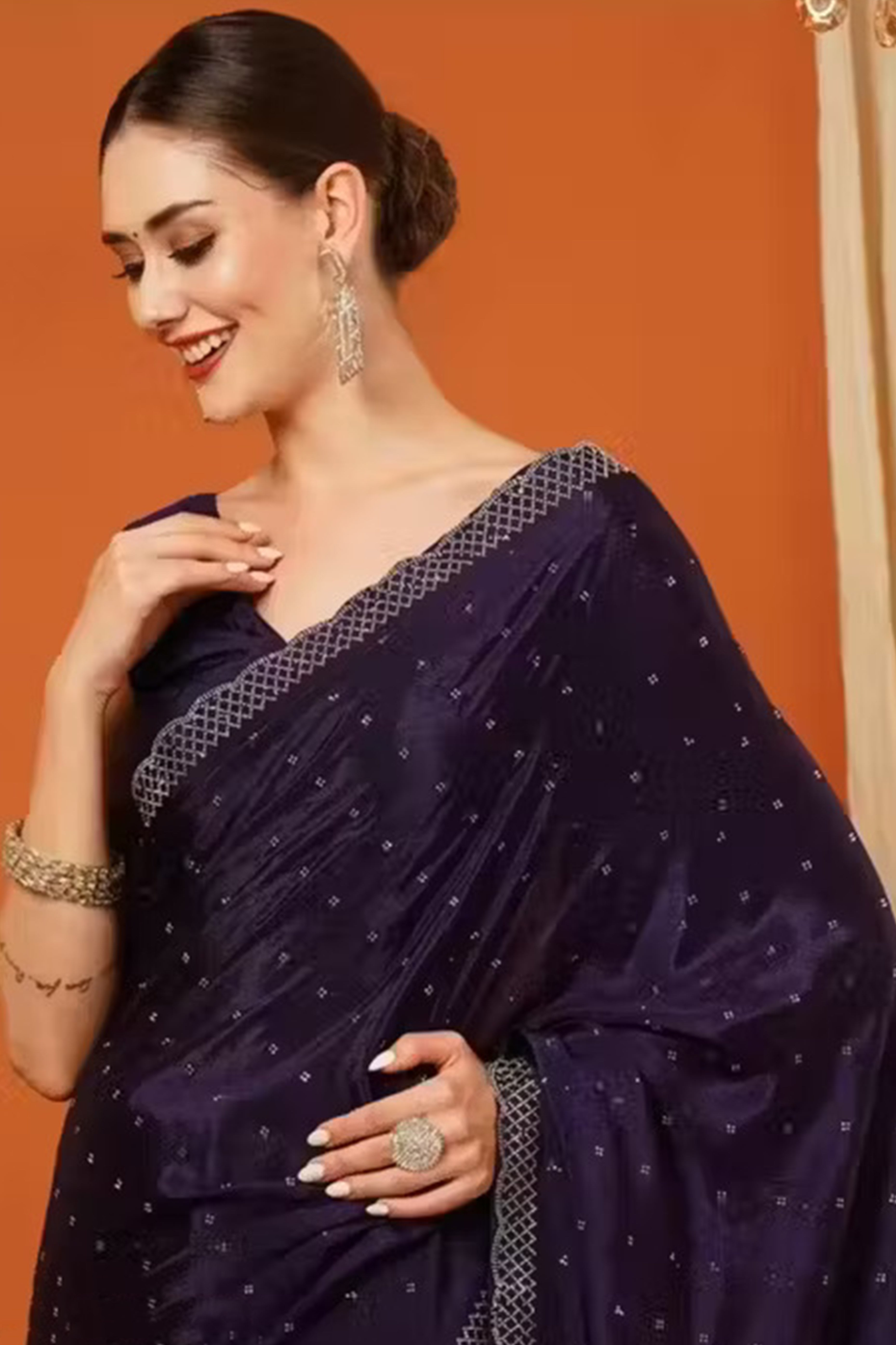 Partywear Wine Vichitra Silk Saree Highlighted with Sparkling Swarovski Stones