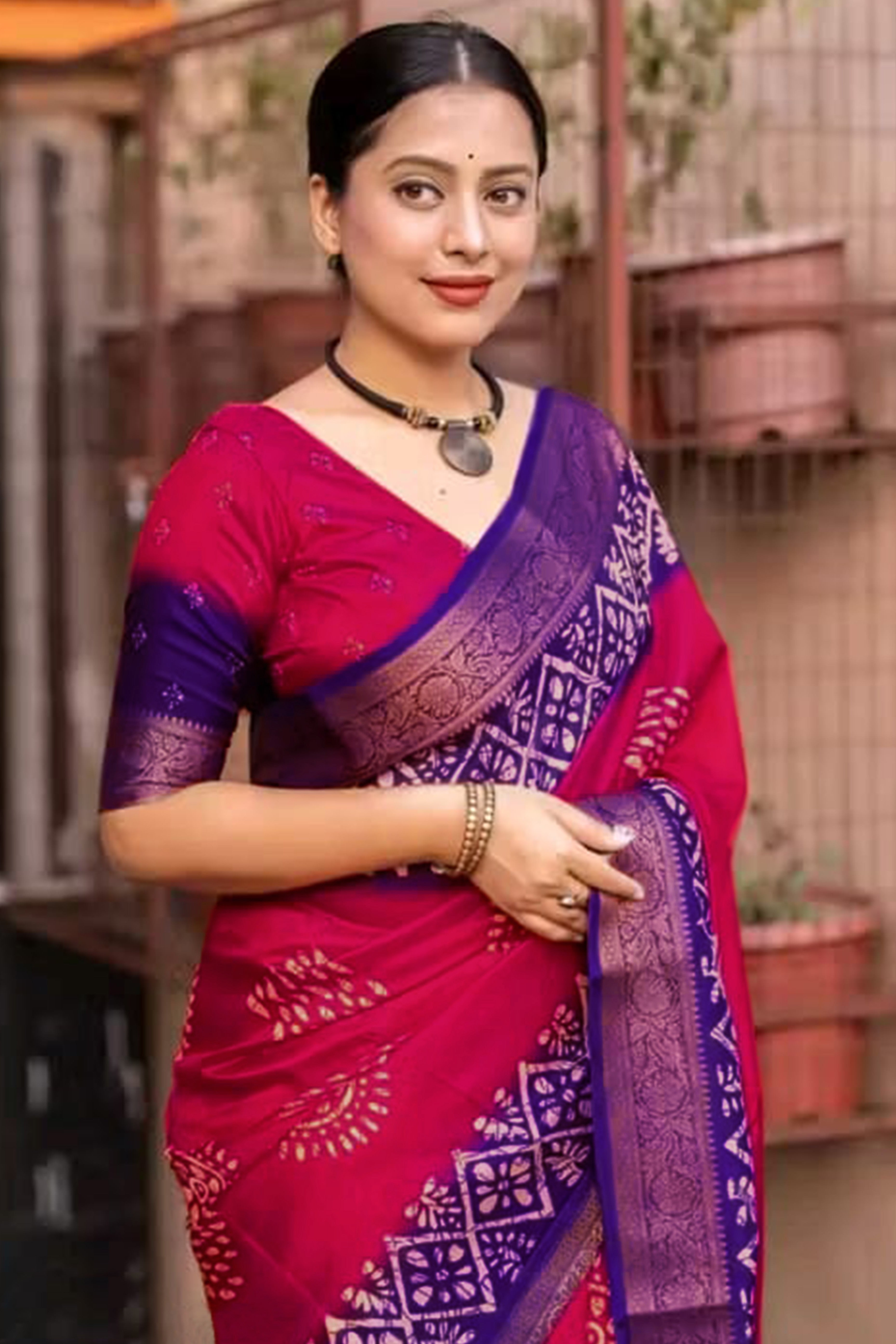 Exclusive Pink Batik Printed Saree in Soft Dola Silk Fabric with Intricate Detailing