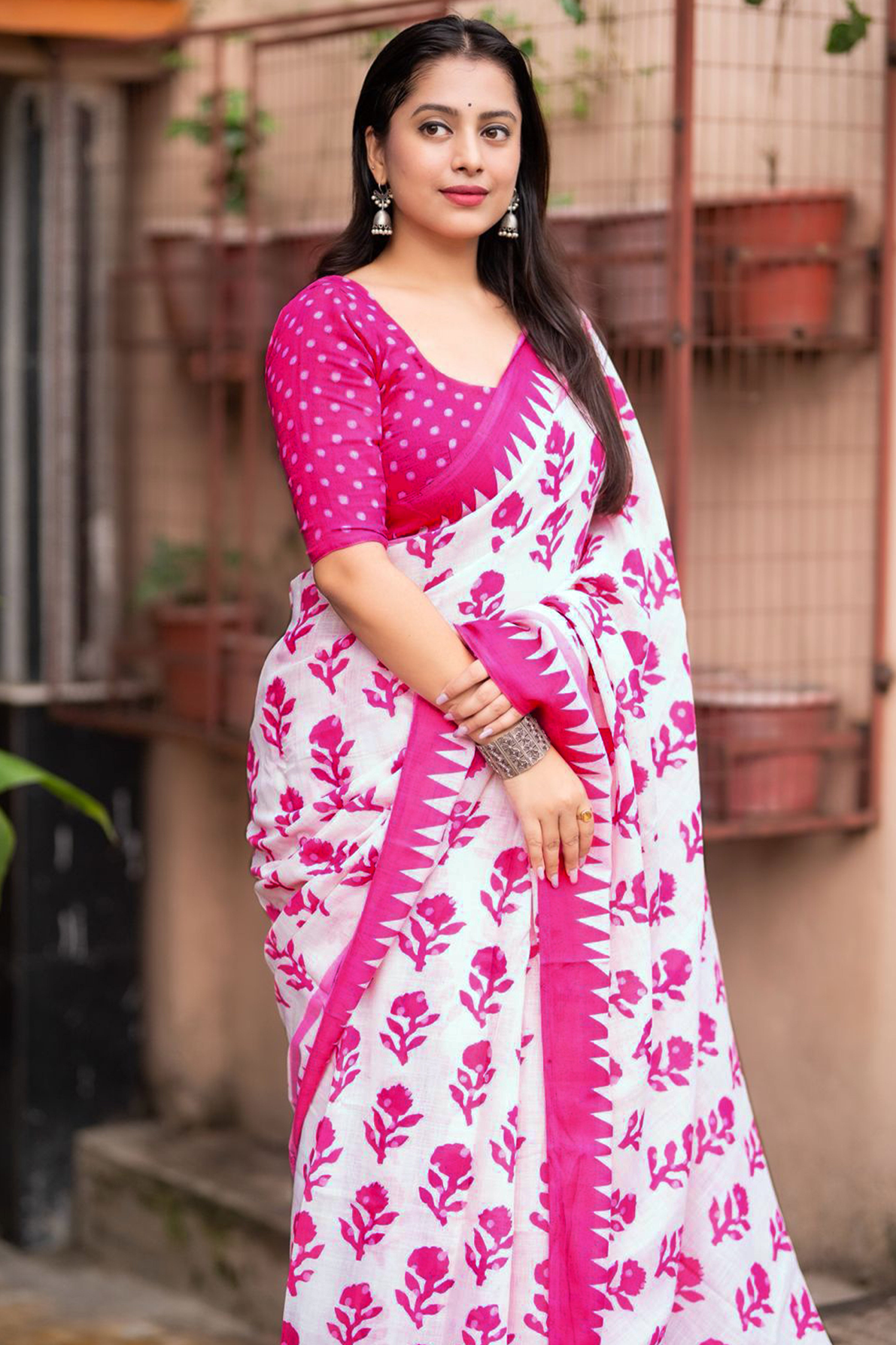 Lightweight White & Pink Floral Print Linen Saree Perfect Blend of Comfort and Style