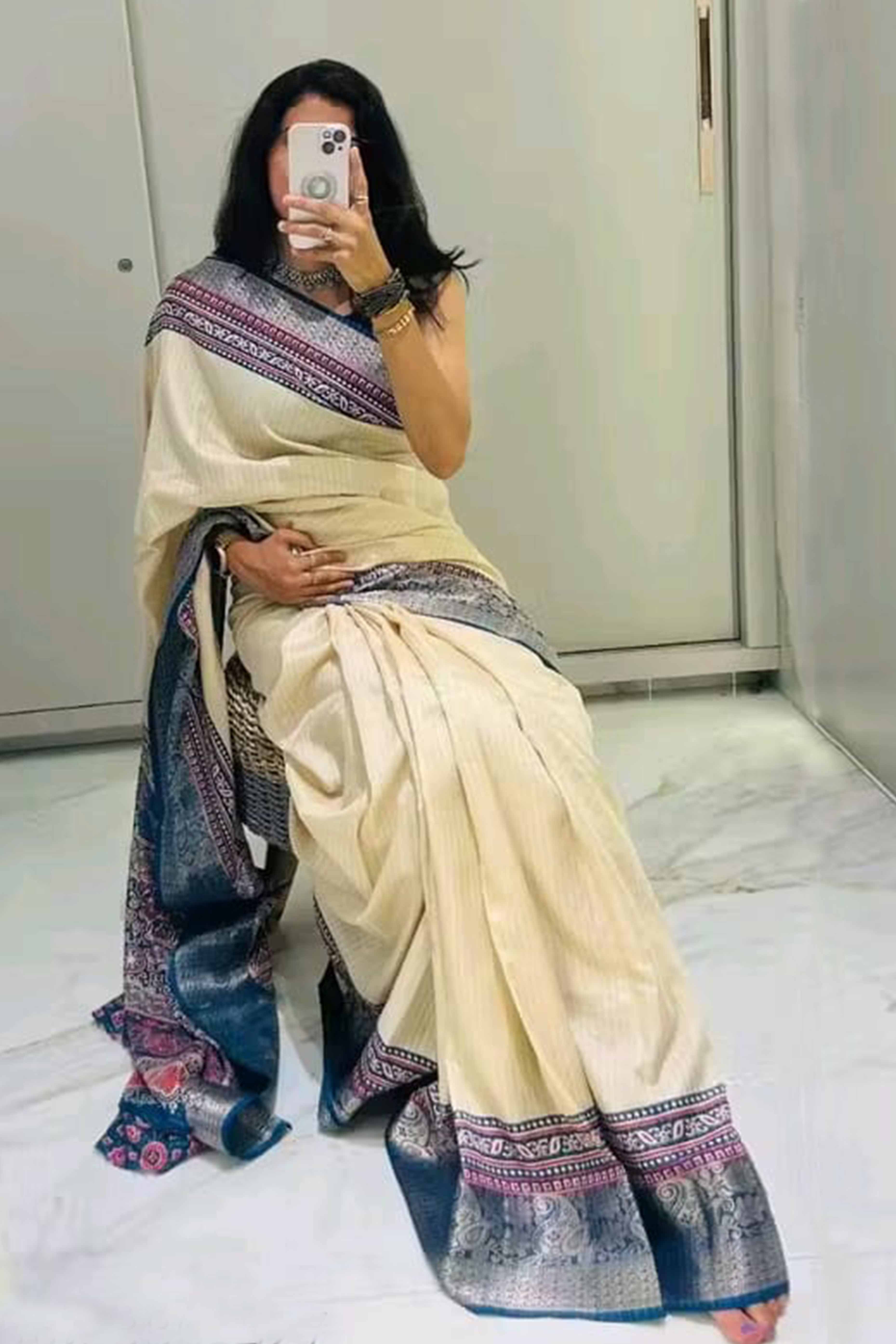 Classic Cream Zari Weaving Dola Silk Saree with Elegant Shine and Traditional Design