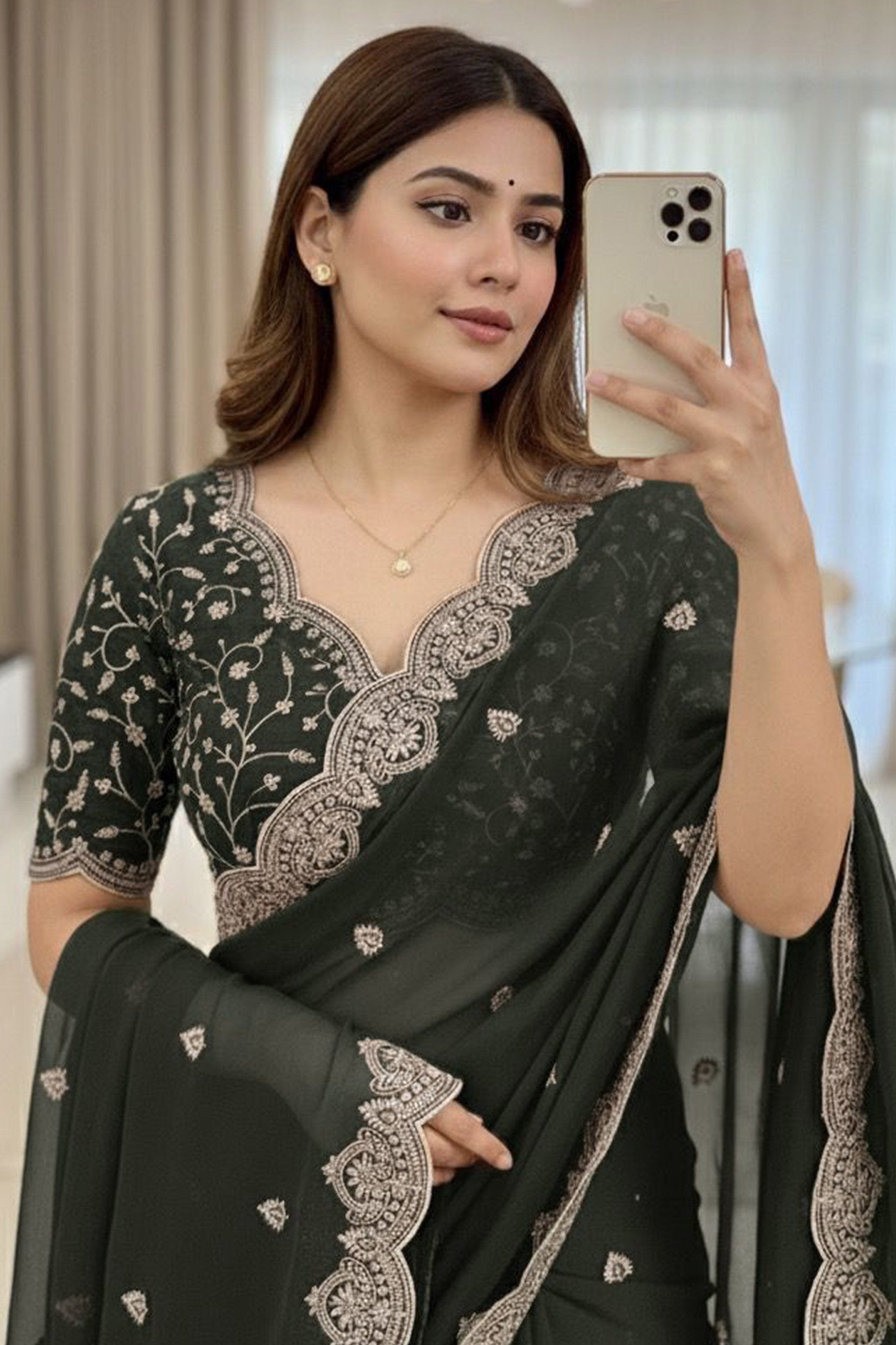 Gorgeous Mehendi Green Floral Embroidered Georgette Saree Accented With Luxurious Zari Work