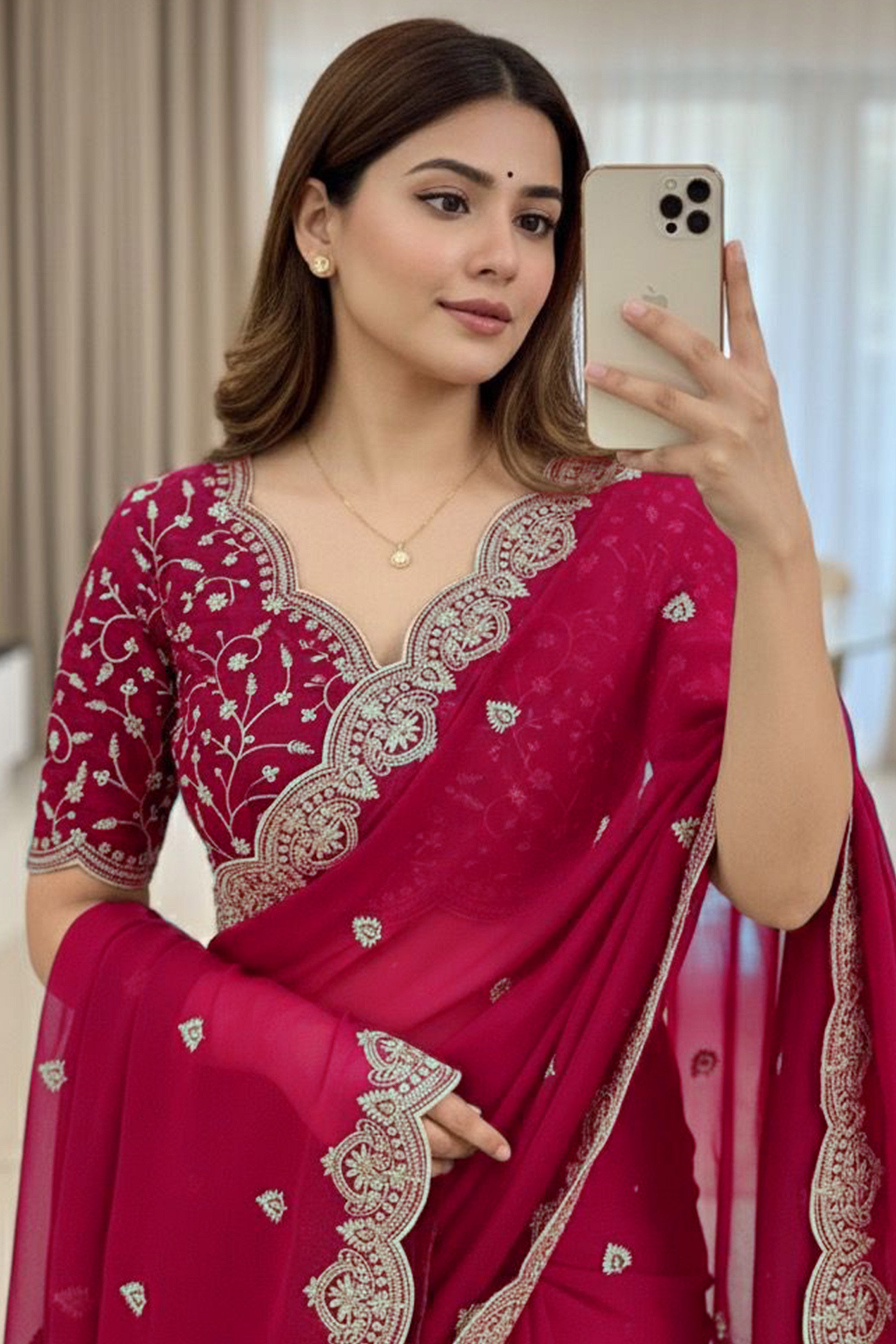 Gorgeous Pink Floral Embroidered Georgette Saree Accented With Luxurious Zari Work