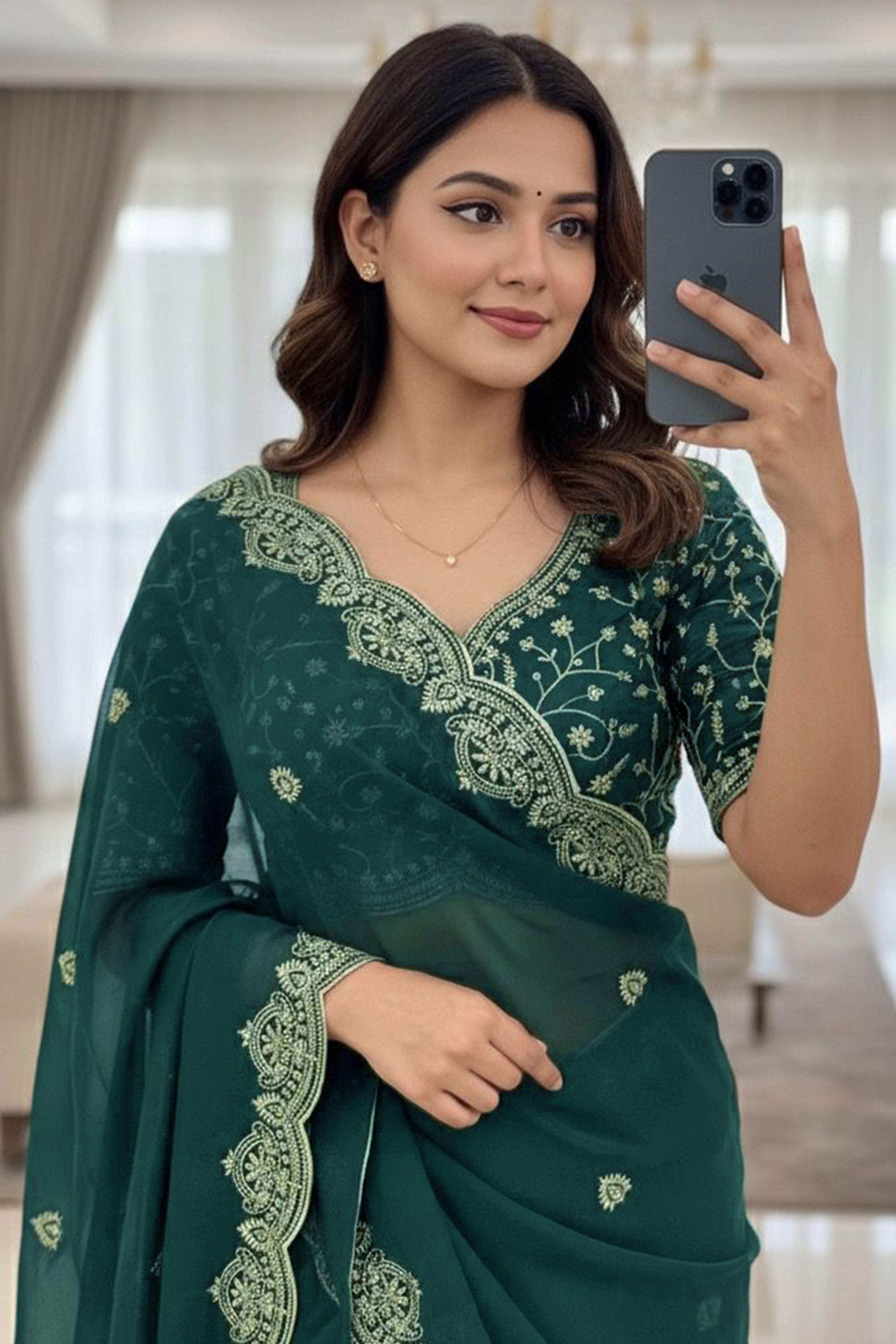 Gorgeous Teal Green Floral Embroidered Georgette Saree Accented With Luxurious Zari Work