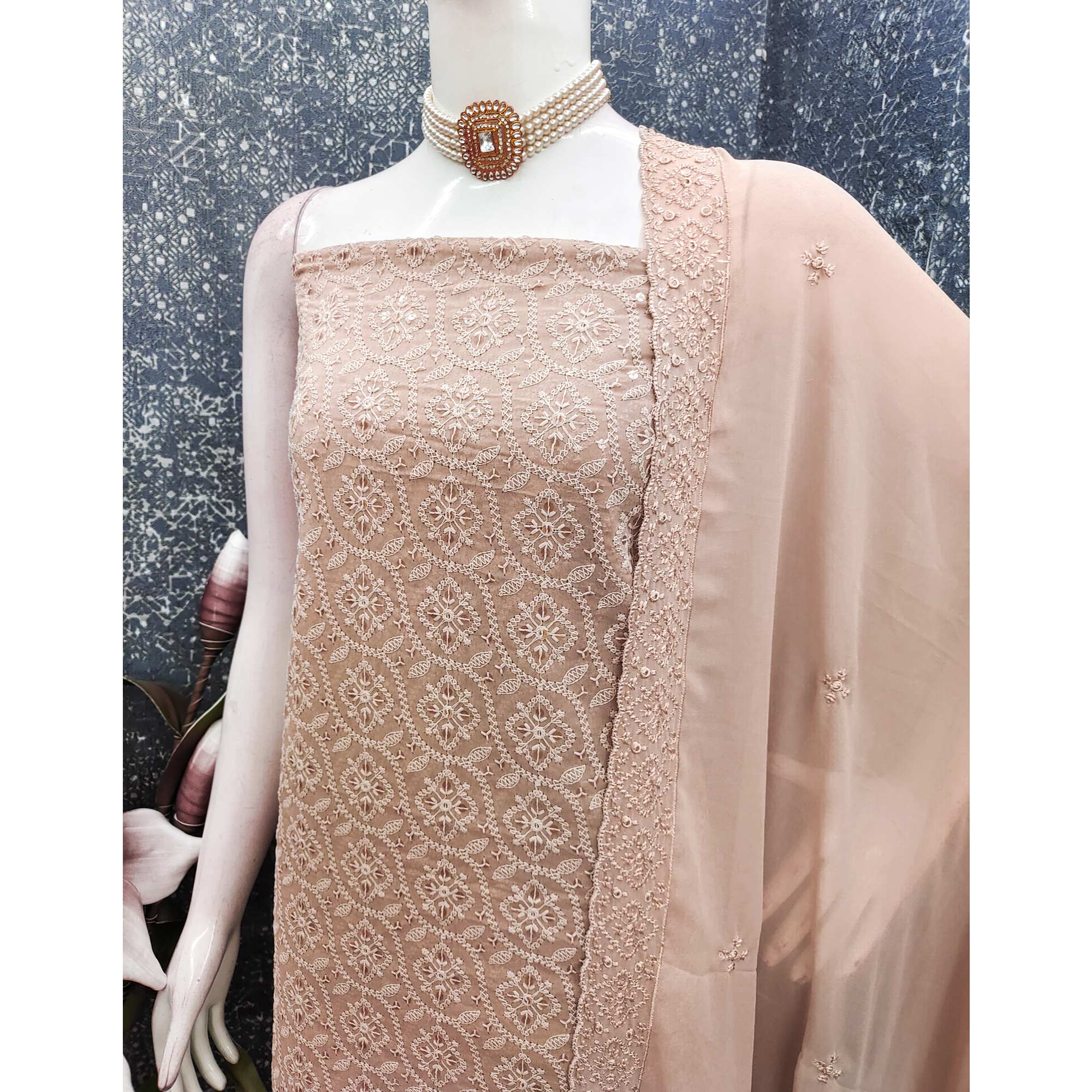 Stunning Brown Floral Embroidery With Sparkling Sequins Work Georgette Dress Material