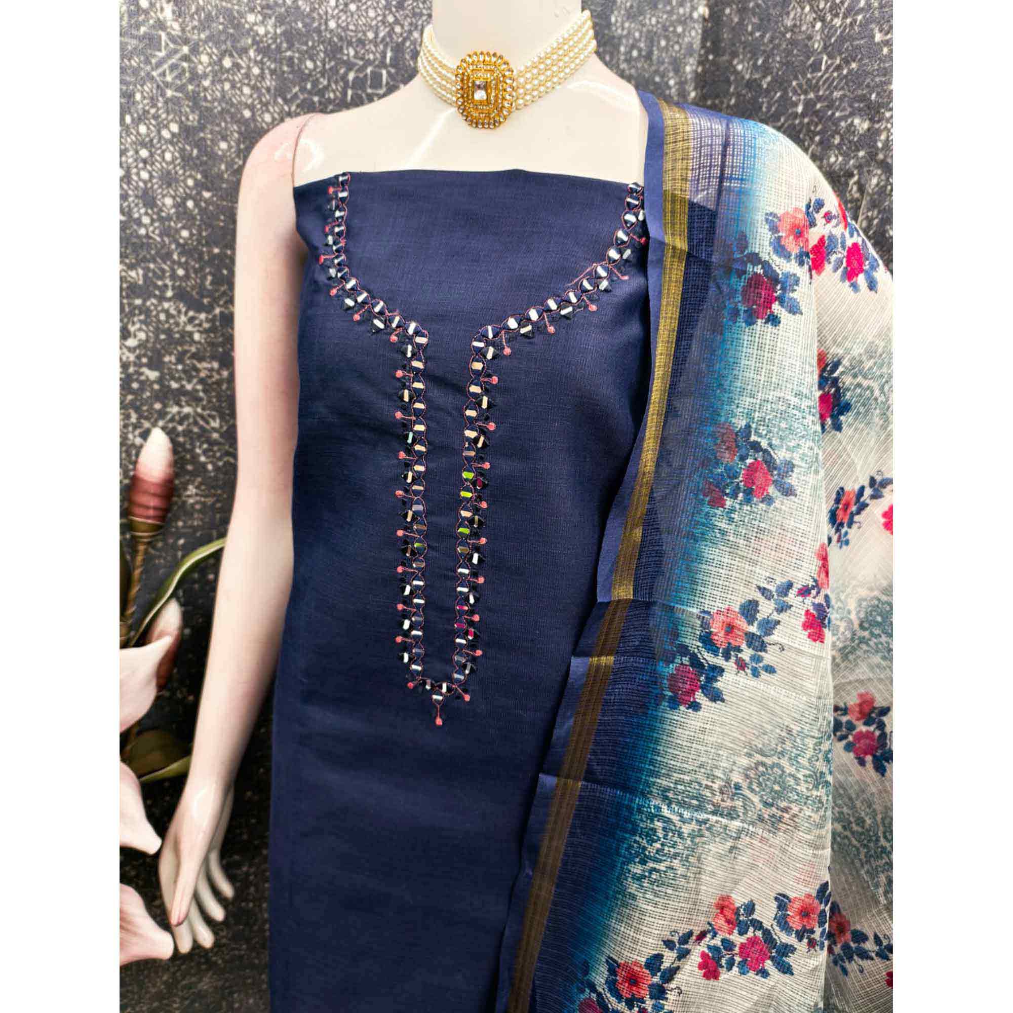 Classic Navy Blue Solid Dress Material Highlighted By Intricate Neck Mirror Embroidery