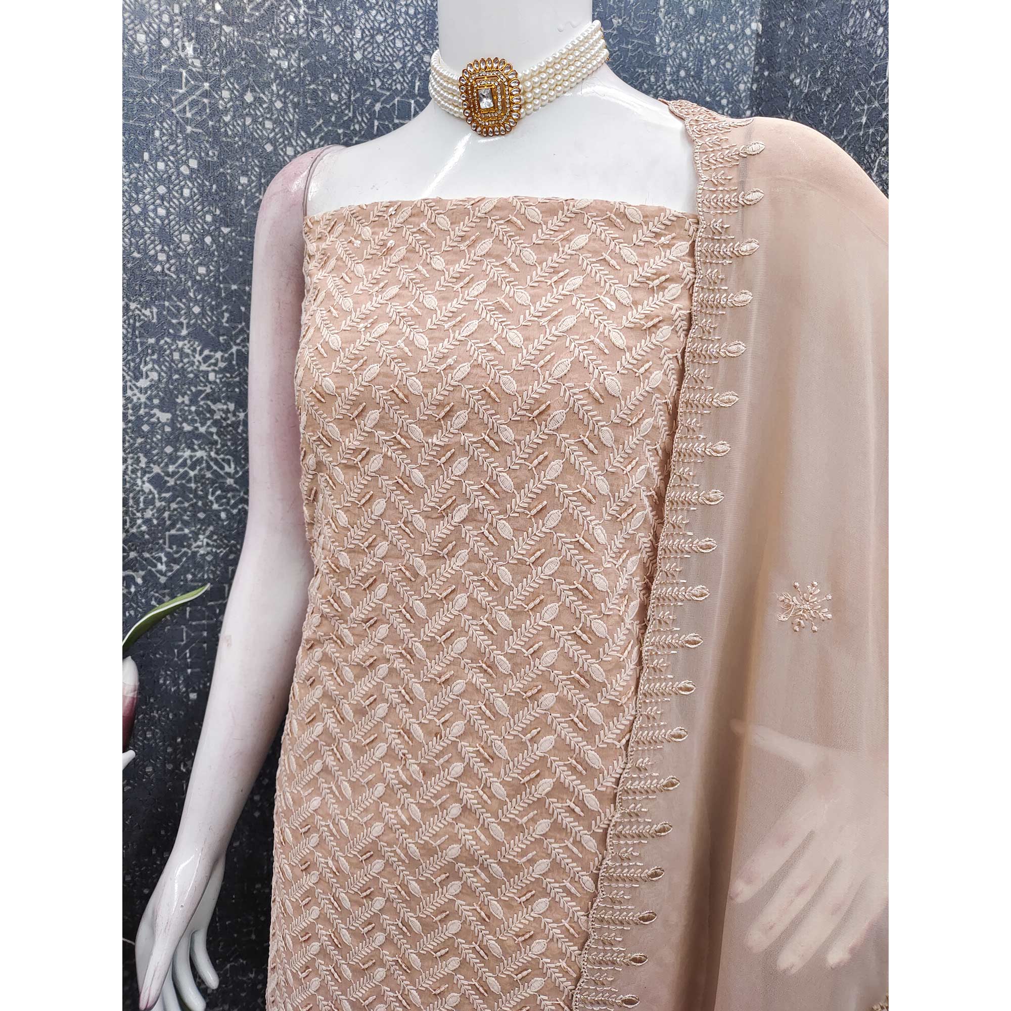 Lightweight Beige Georgette Dress Material Adorned with Beautiful Floral Embroidery